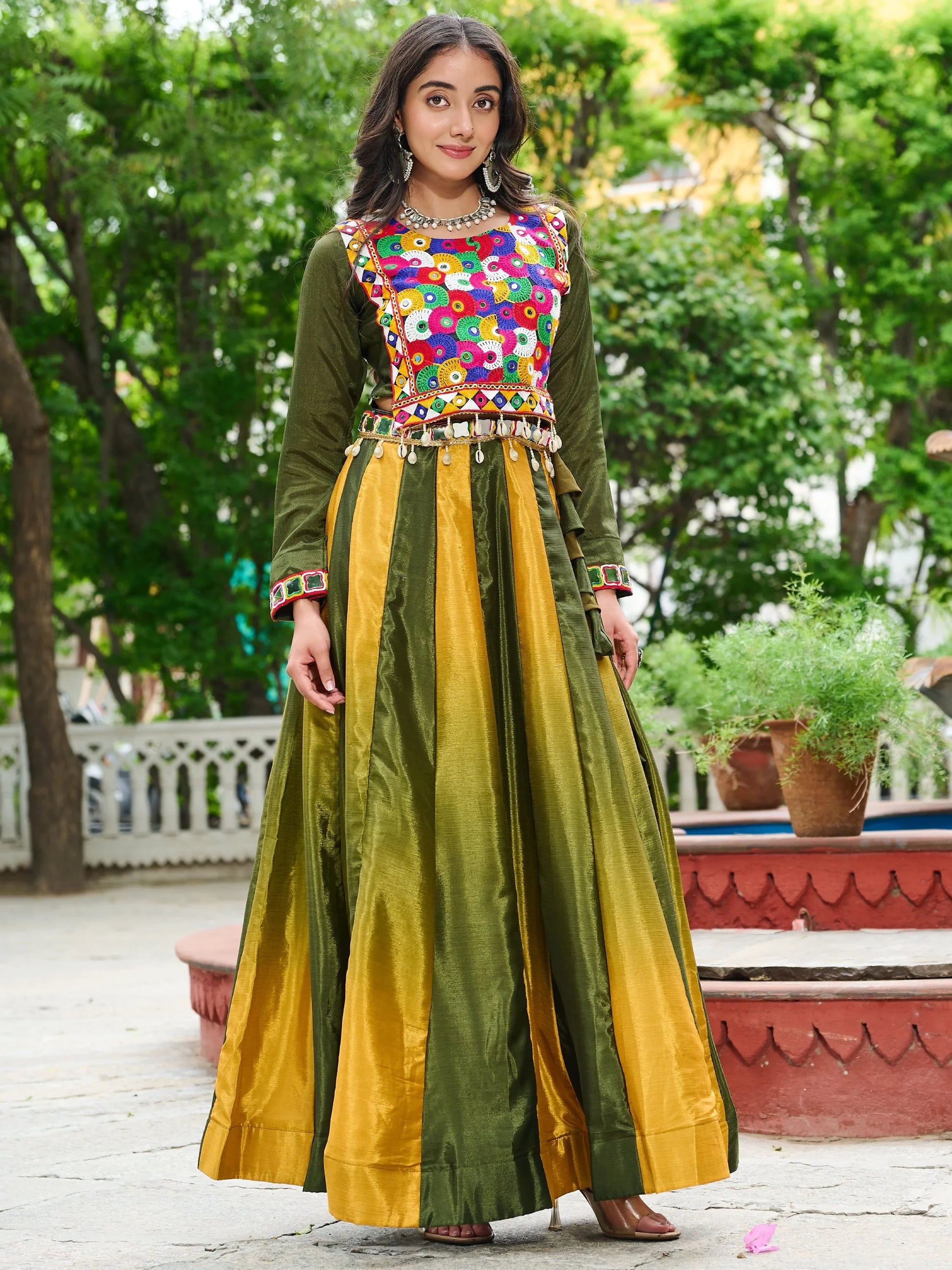 Spectacular Olive Green Shaded Chinon Traditional Lehenga Choli - Zeel Clothing