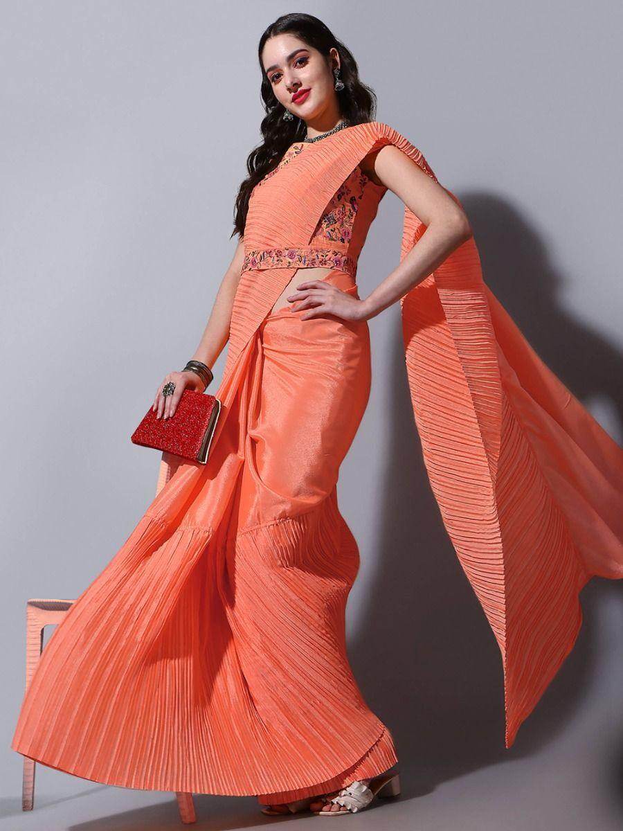 Spectacular Orange Chinon Festival Wear Saree With Embroidered Blouse - Zeel Clothing