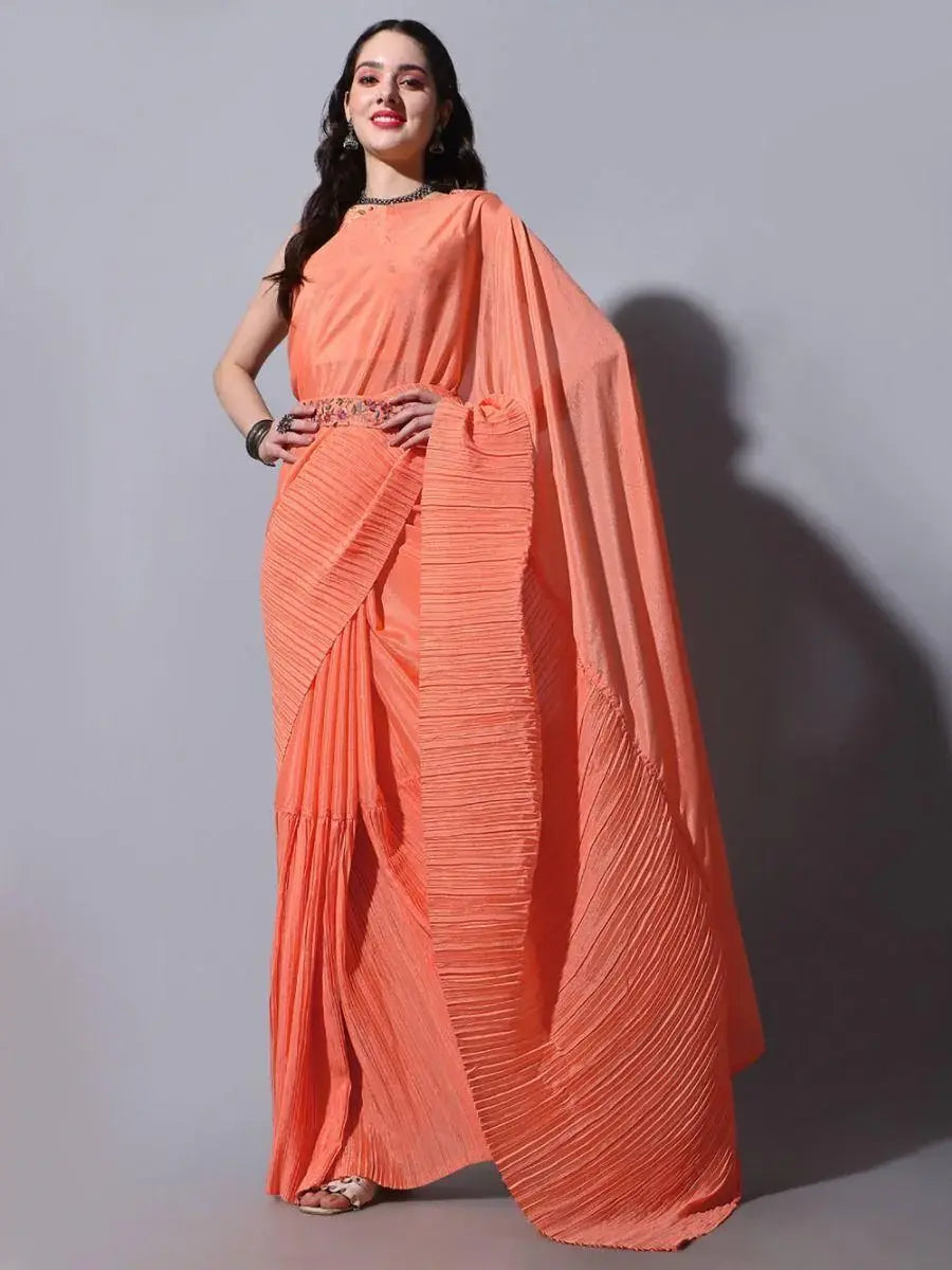 Spectacular Orange Chinon Festival Wear Saree With Embroidered Blouse - Zeel Clothing