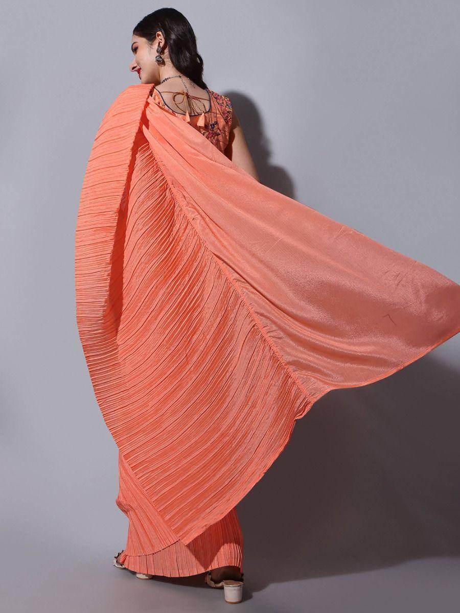 Spectacular Orange Chinon Festival Wear Saree With Embroidered Blouse - Zeel Clothing