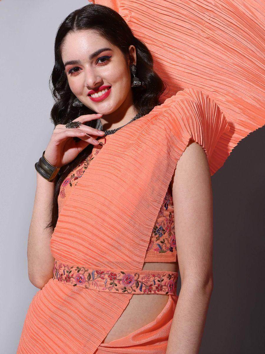 Spectacular Orange Chinon Festival Wear Saree With Embroidered Blouse - Zeel Clothing