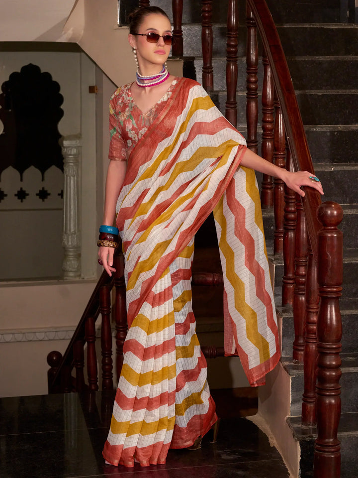 Spectacular Orange Printed Cotton Saree With Floral Printed Blouse - Zeel Clothing