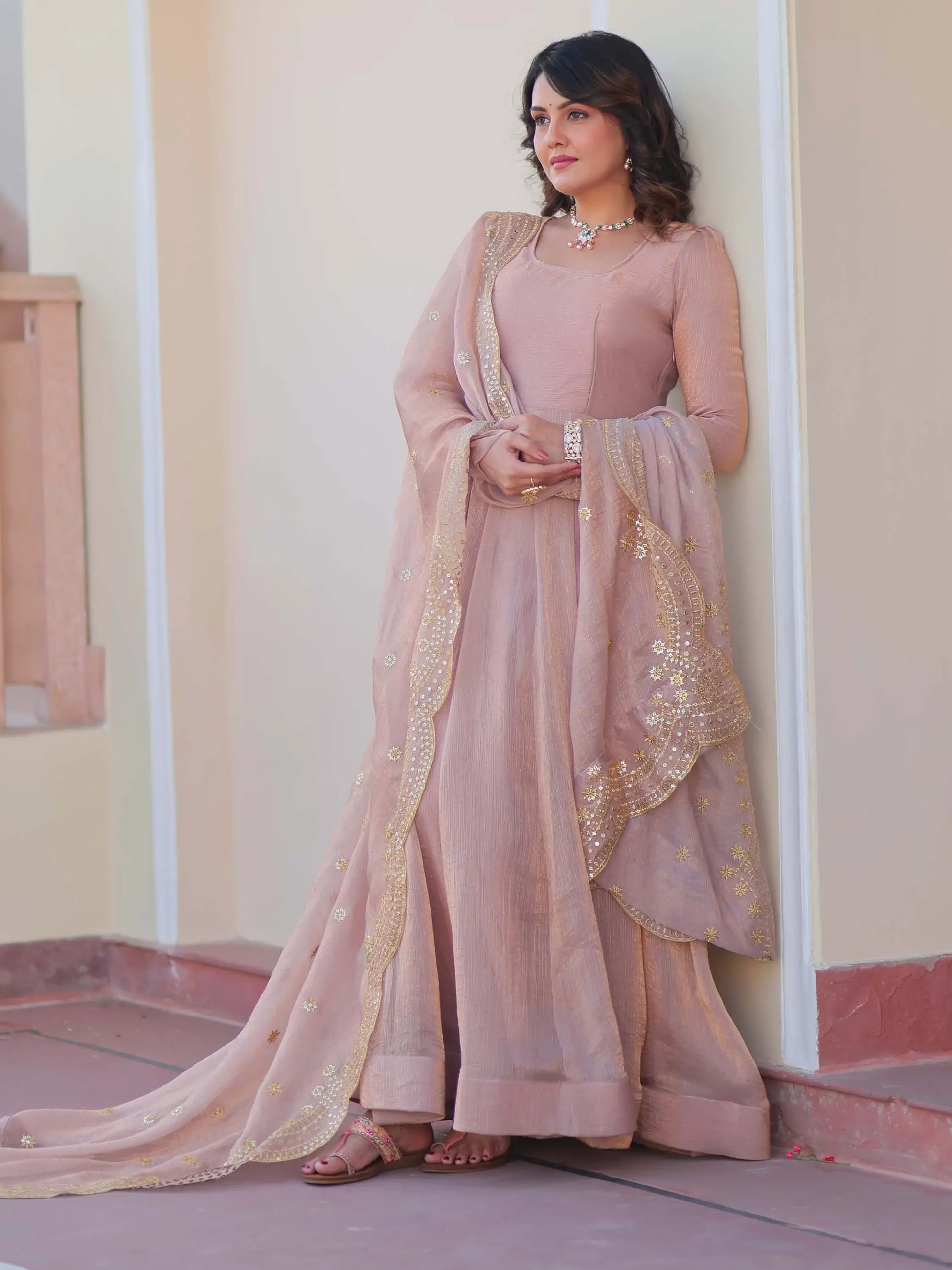Spectacular Peach Chiffon Event Wear Gown With Sequin Dupatta - Zeel Clothing