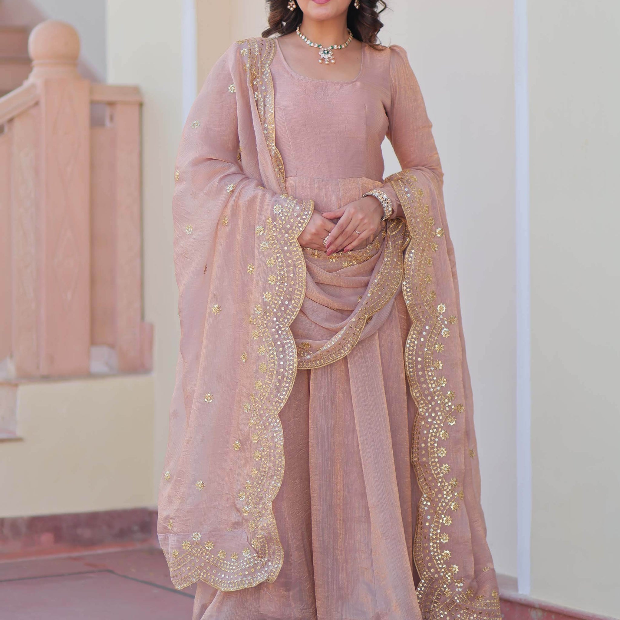 Spectacular Peach Chiffon Event Wear Gown With Sequin Dupatta - Zeel Clothing