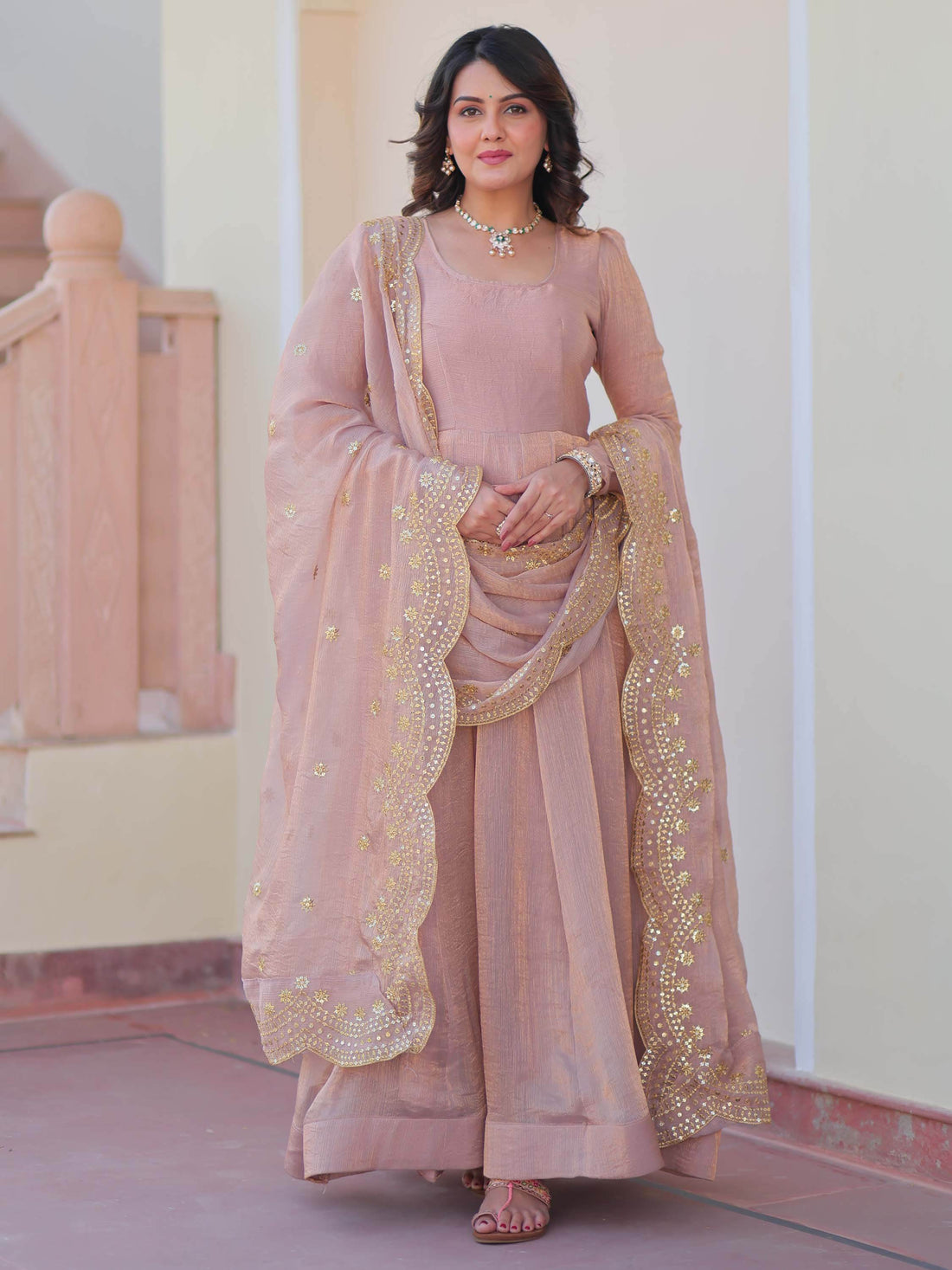 Spectacular Peach Chiffon Event Wear Gown With Sequin Dupatta - Zeel Clothing