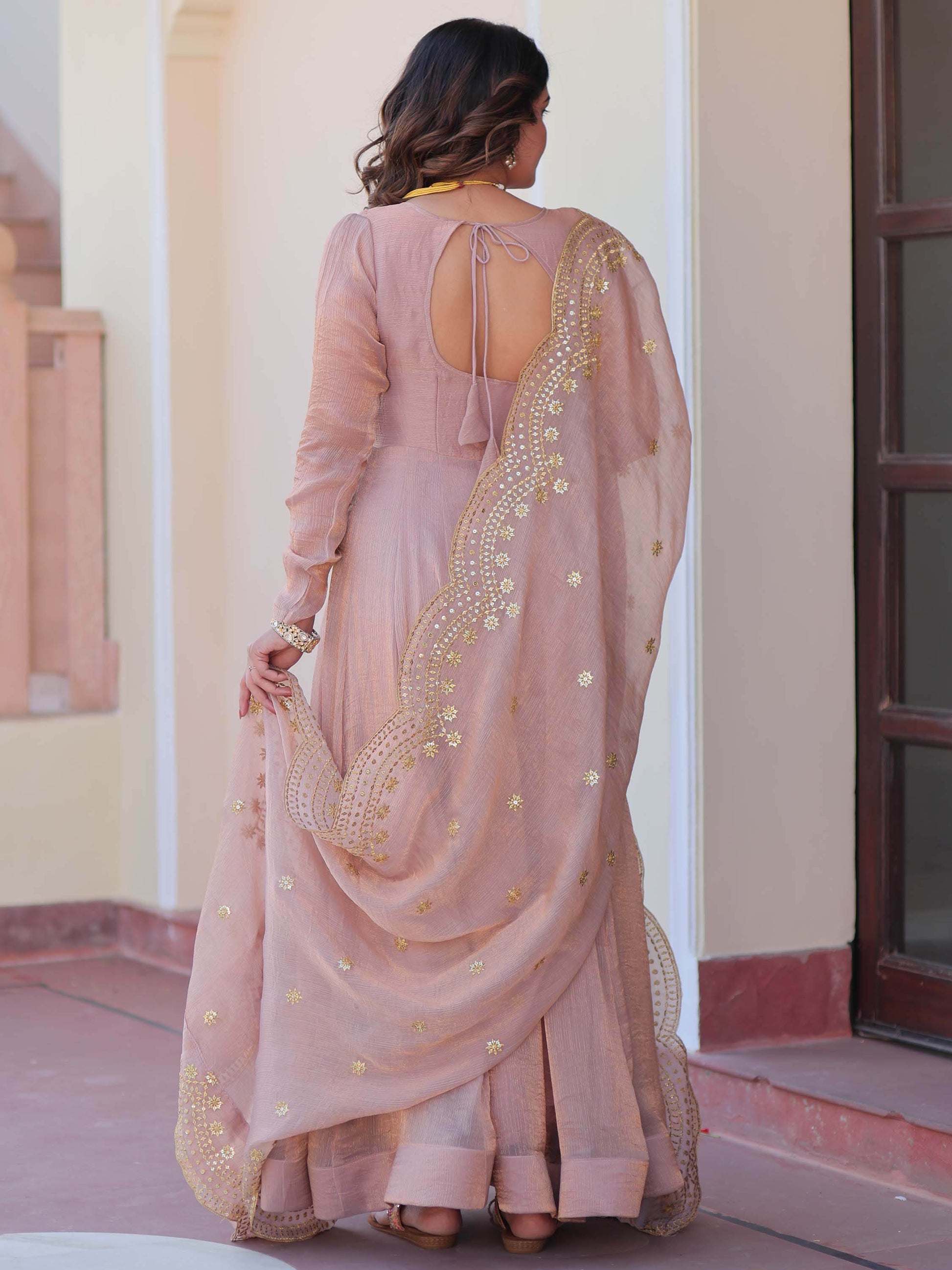 Spectacular Peach Chiffon Event Wear Gown With Sequin Dupatta - Zeel Clothing