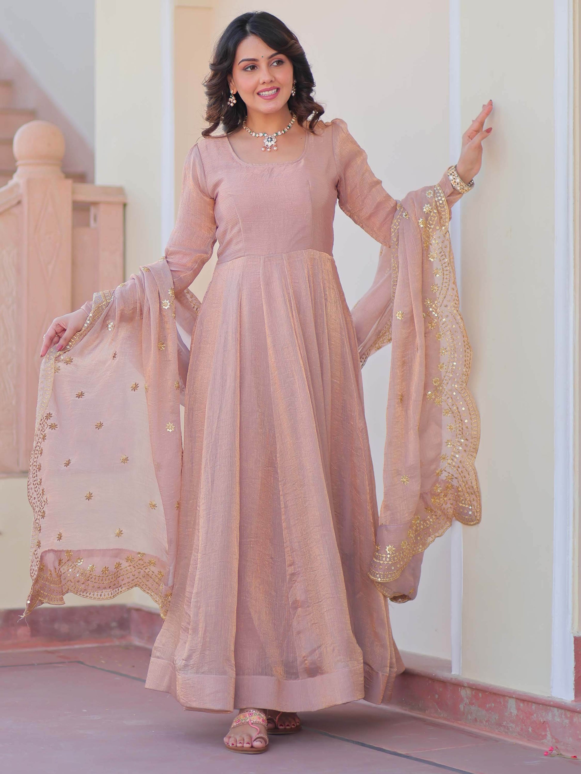 Spectacular Peach Chiffon Event Wear Gown With Sequin Dupatta - Zeel Clothing
