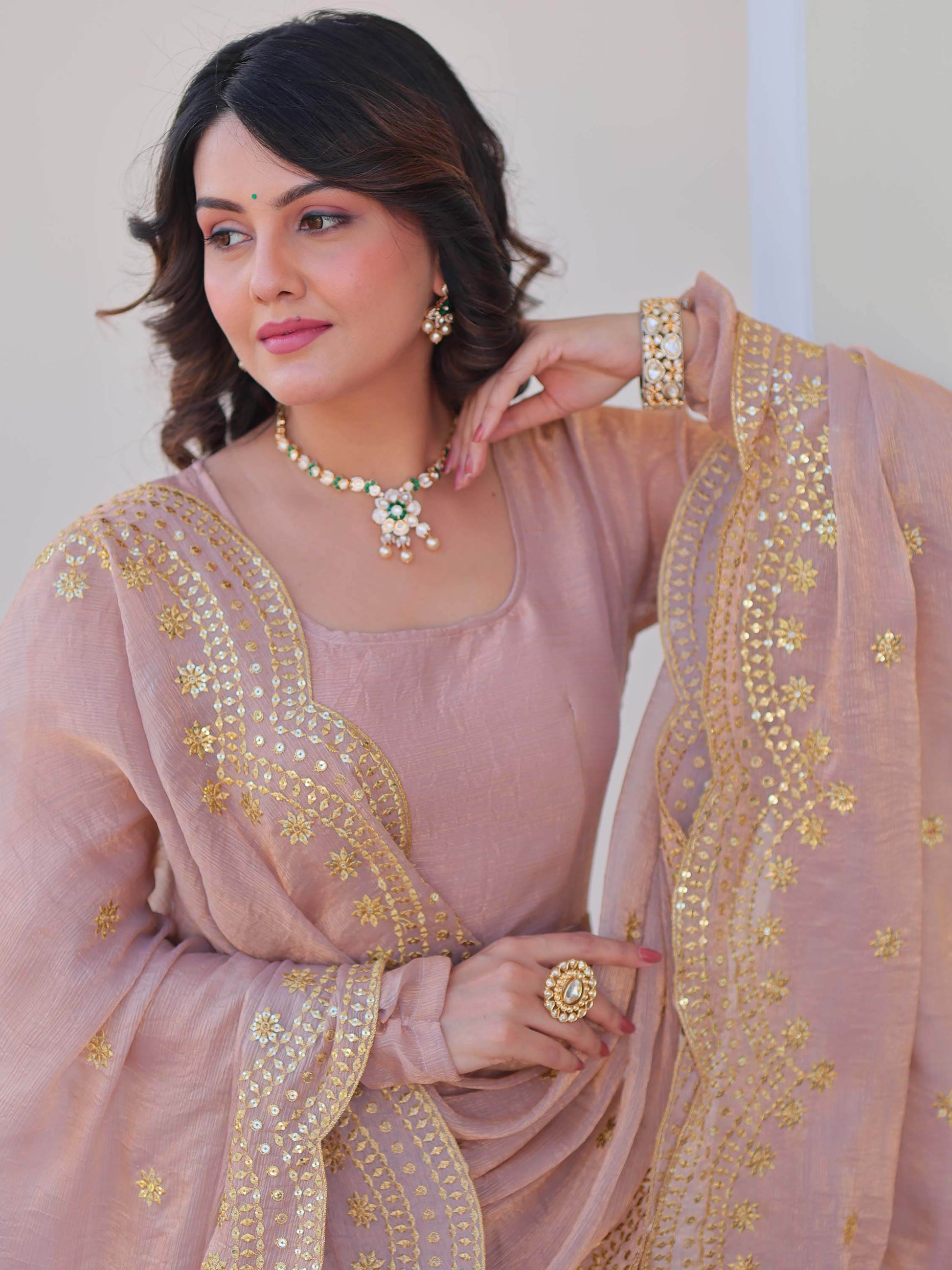Spectacular Peach Chiffon Event Wear Gown With Sequin Dupatta - Zeel Clothing