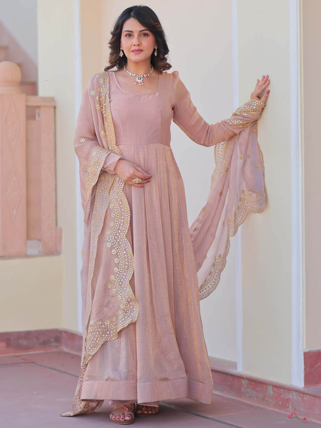 Spectacular Peach Chiffon Event Wear Gown With Sequin Dupatta - Zeel Clothing