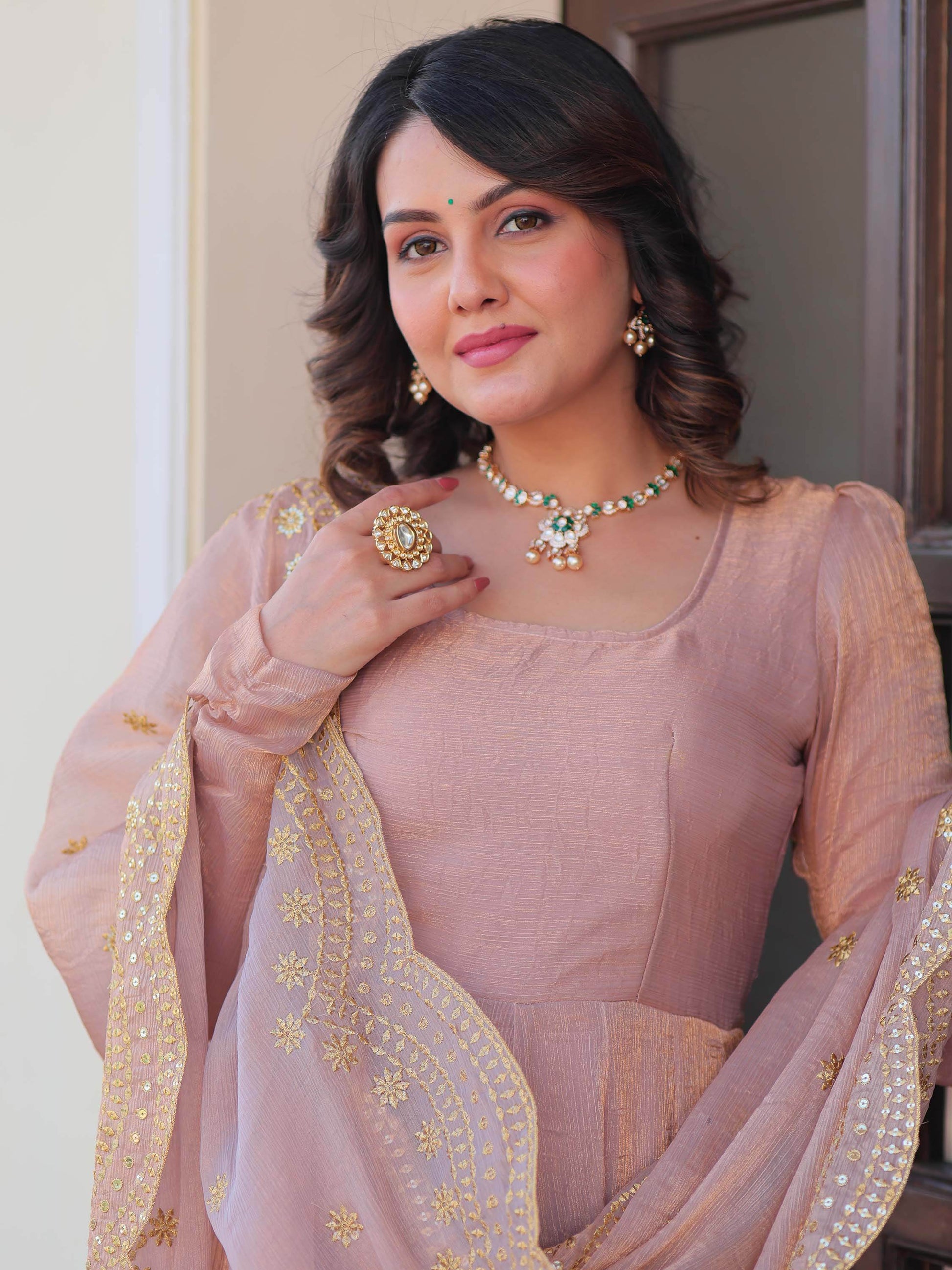 Spectacular Peach Chiffon Event Wear Gown With Sequin Dupatta - Zeel Clothing
