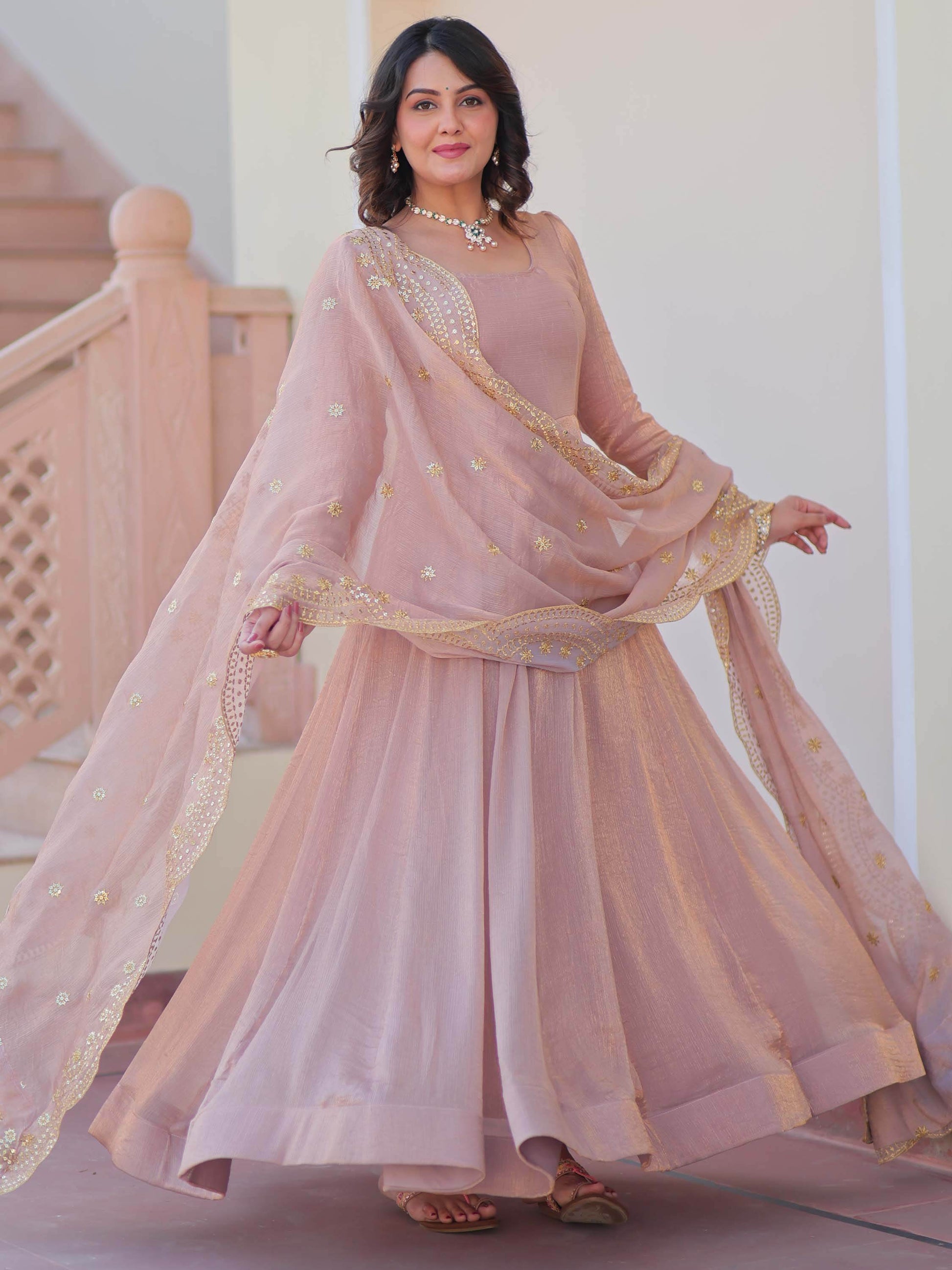 Spectacular Peach Chiffon Event Wear Gown With Sequin Dupatta - Zeel Clothing