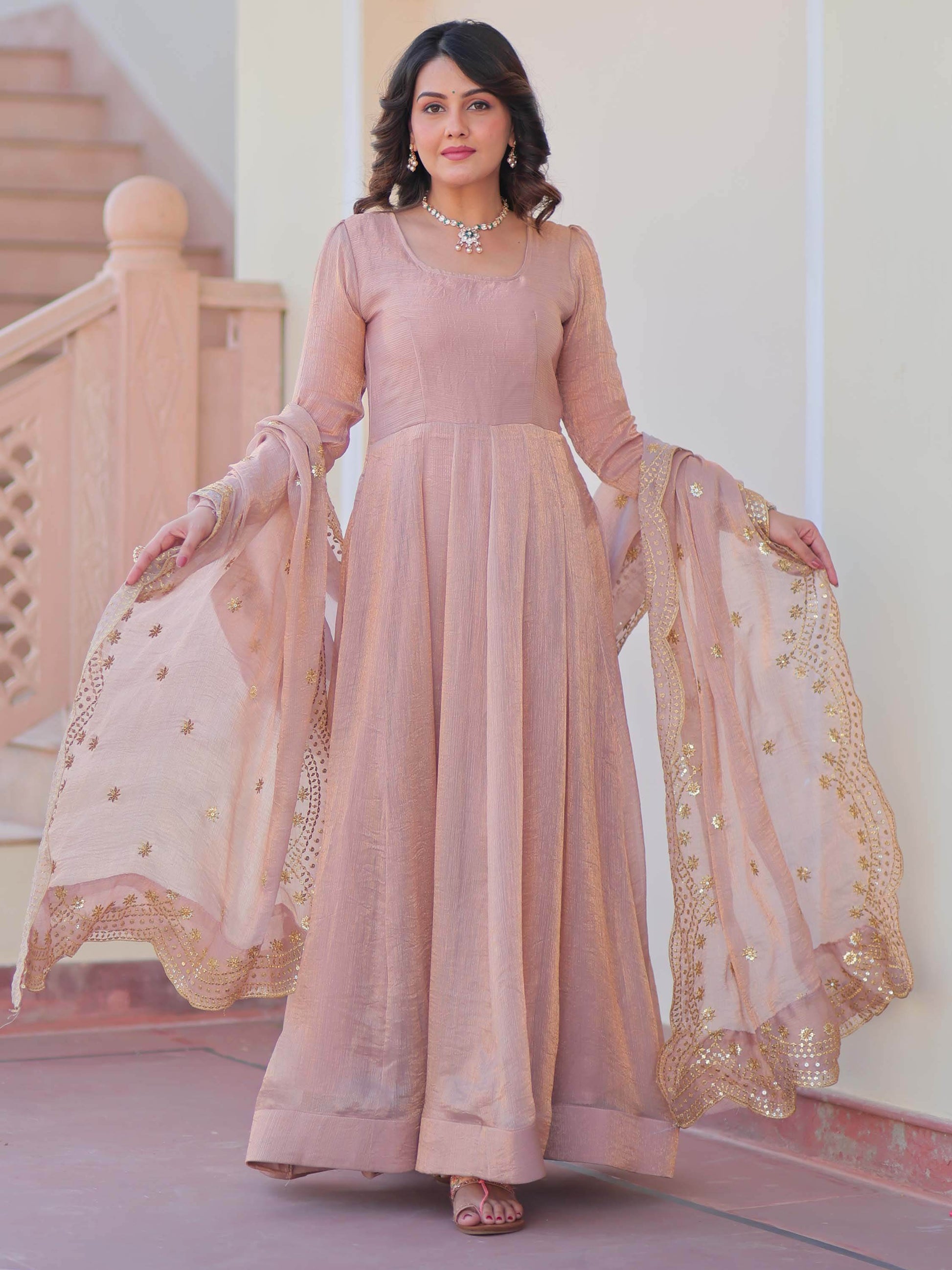 Spectacular Peach Chiffon Event Wear Gown With Sequin Dupatta - Zeel Clothing