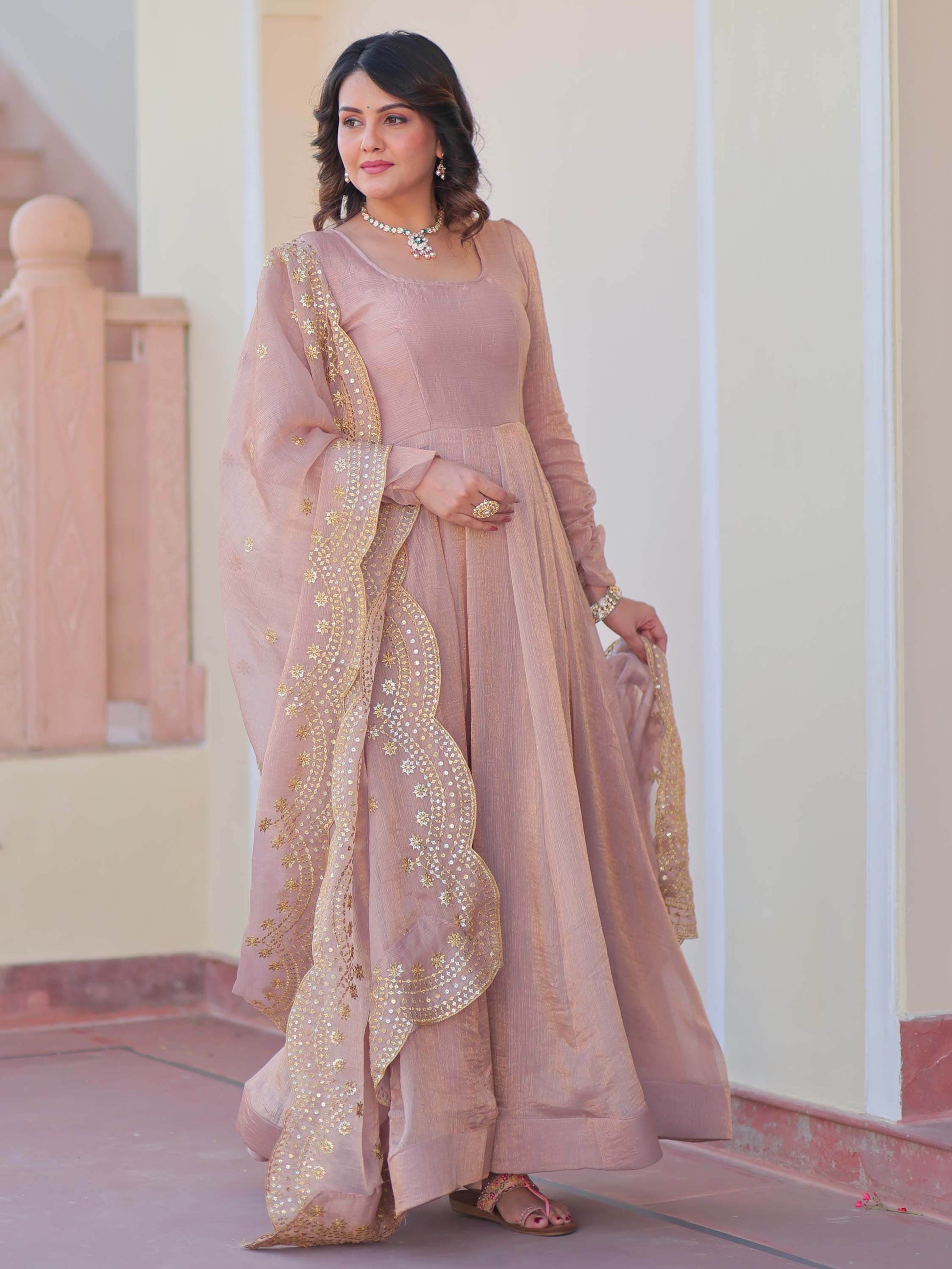 Spectacular Peach Chiffon Event Wear Gown With Sequin Dupatta - Zeel Clothing