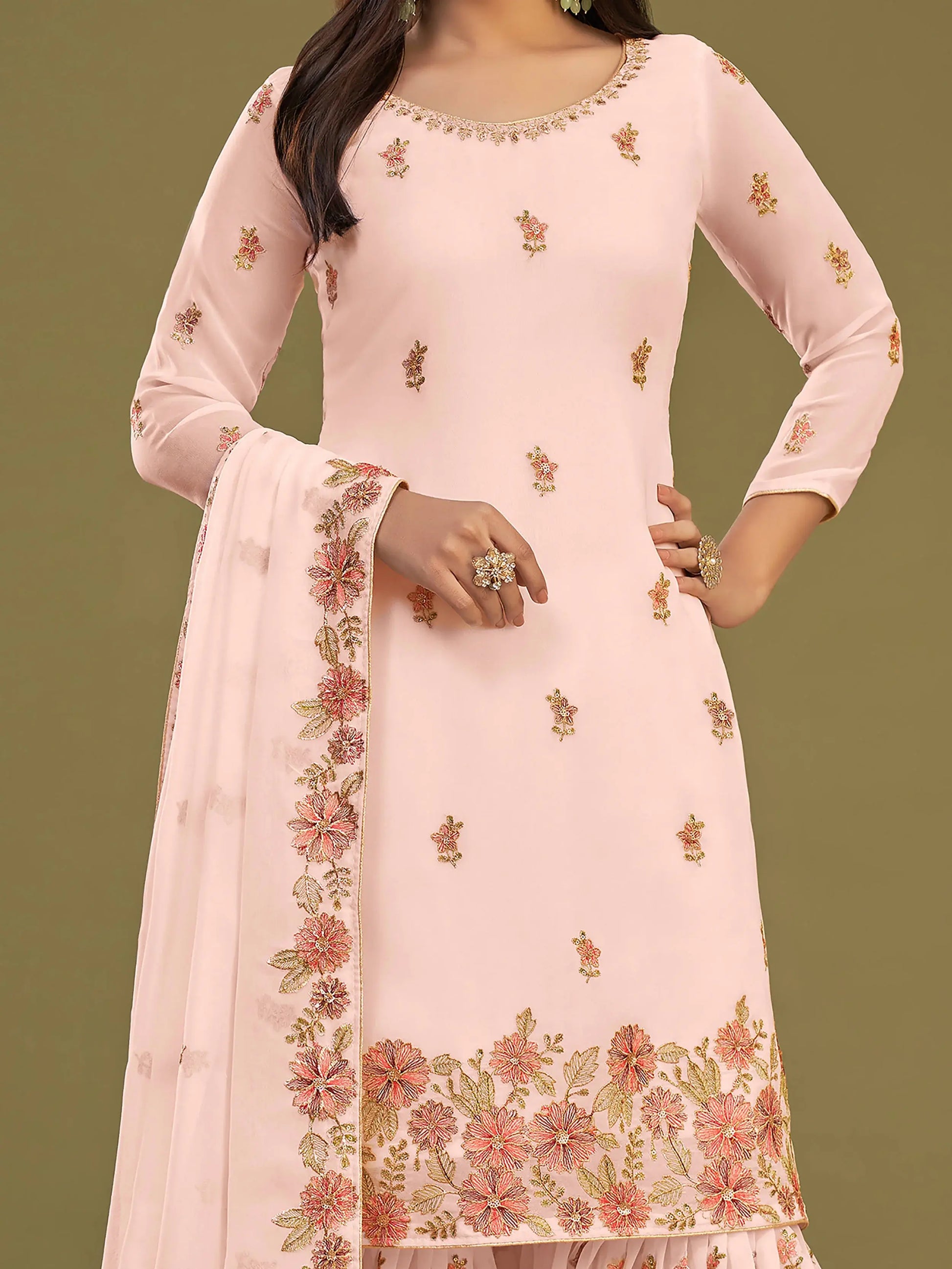Spectacular Peach Embroidered Georgette Festive Wear Sharara Suits - Zeel Clothing