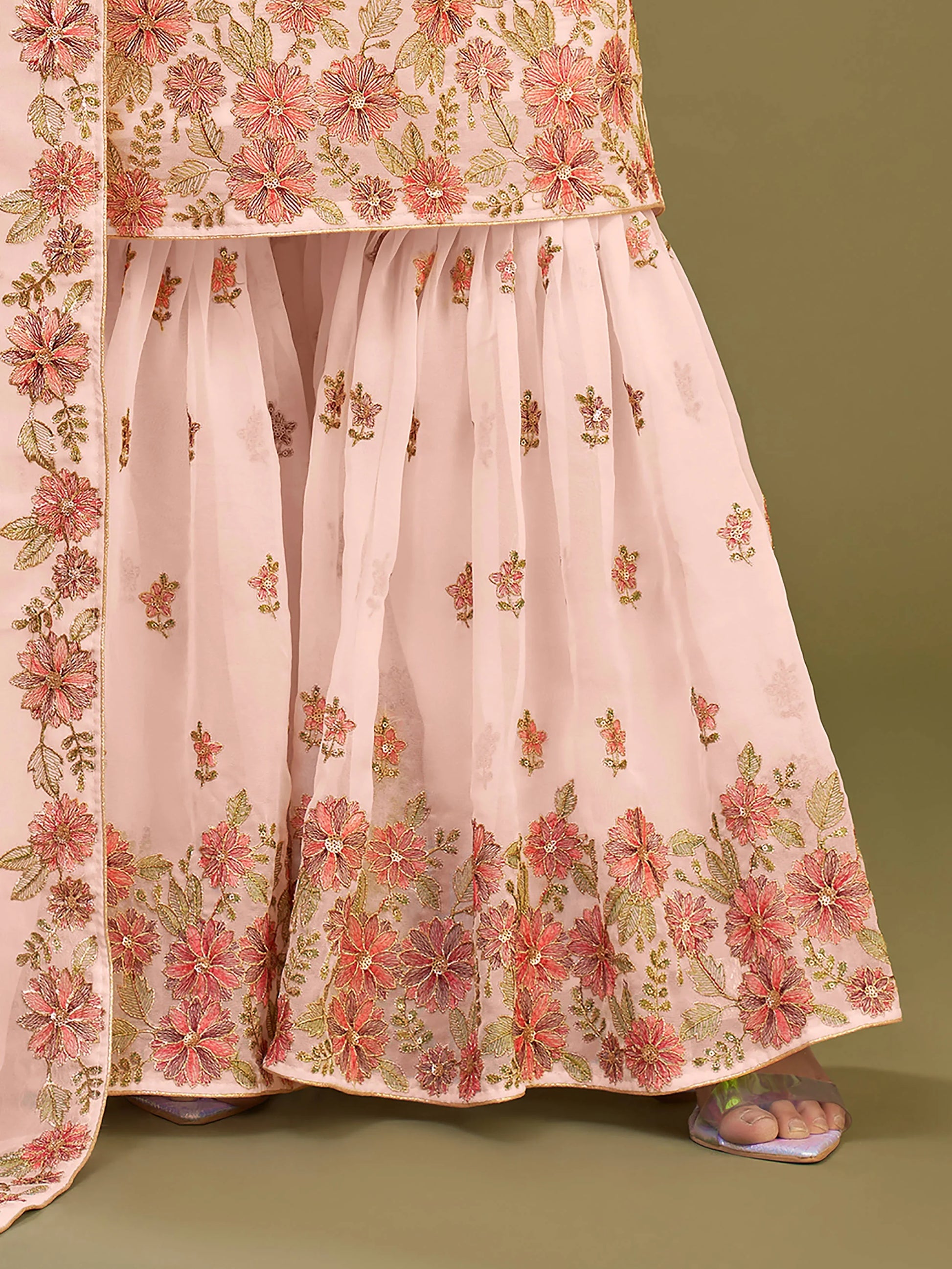 Spectacular Peach Embroidered Georgette Festive Wear Sharara Suits - Zeel Clothing