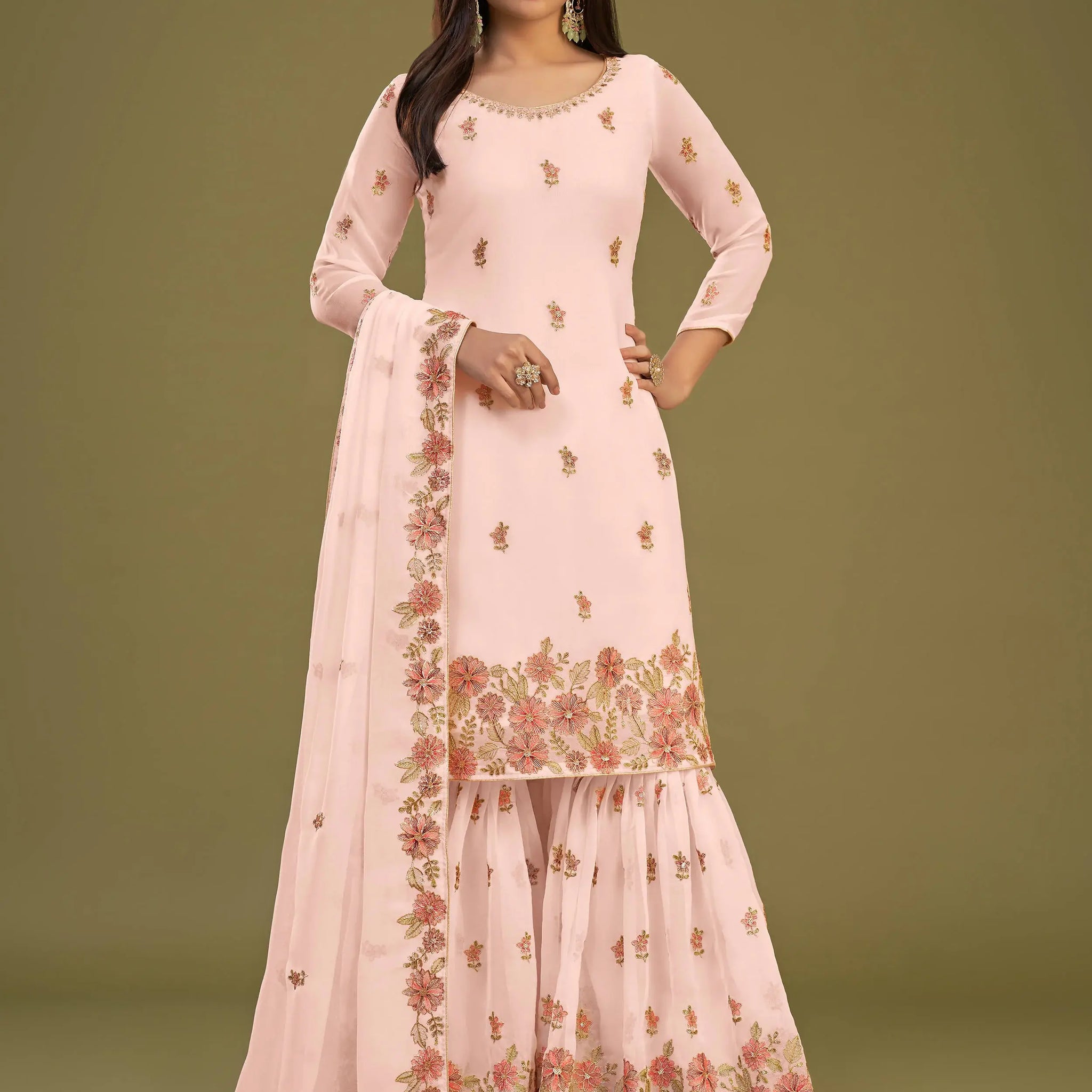 Spectacular Peach Embroidered Georgette Festive Wear Sharara Suits - Zeel Clothing