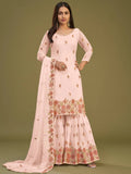 Spectacular Peach Embroidered Georgette Festive Wear Sharara Suits - Zeel Clothing