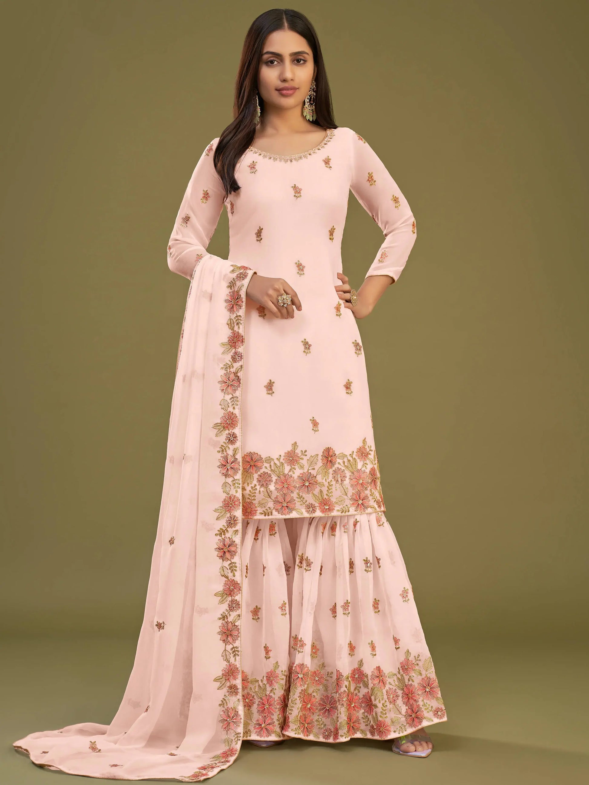 Spectacular Peach Embroidered Georgette Festive Wear Sharara Suits - Zeel Clothing