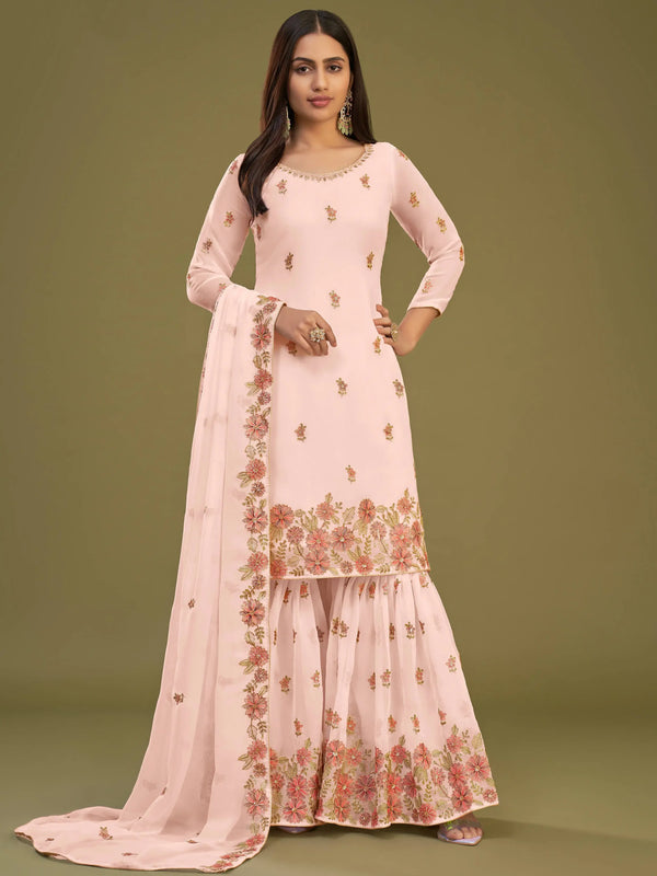 Spectacular Peach Embroidered Georgette Festive Wear Sharara Suits - Zeel Clothing