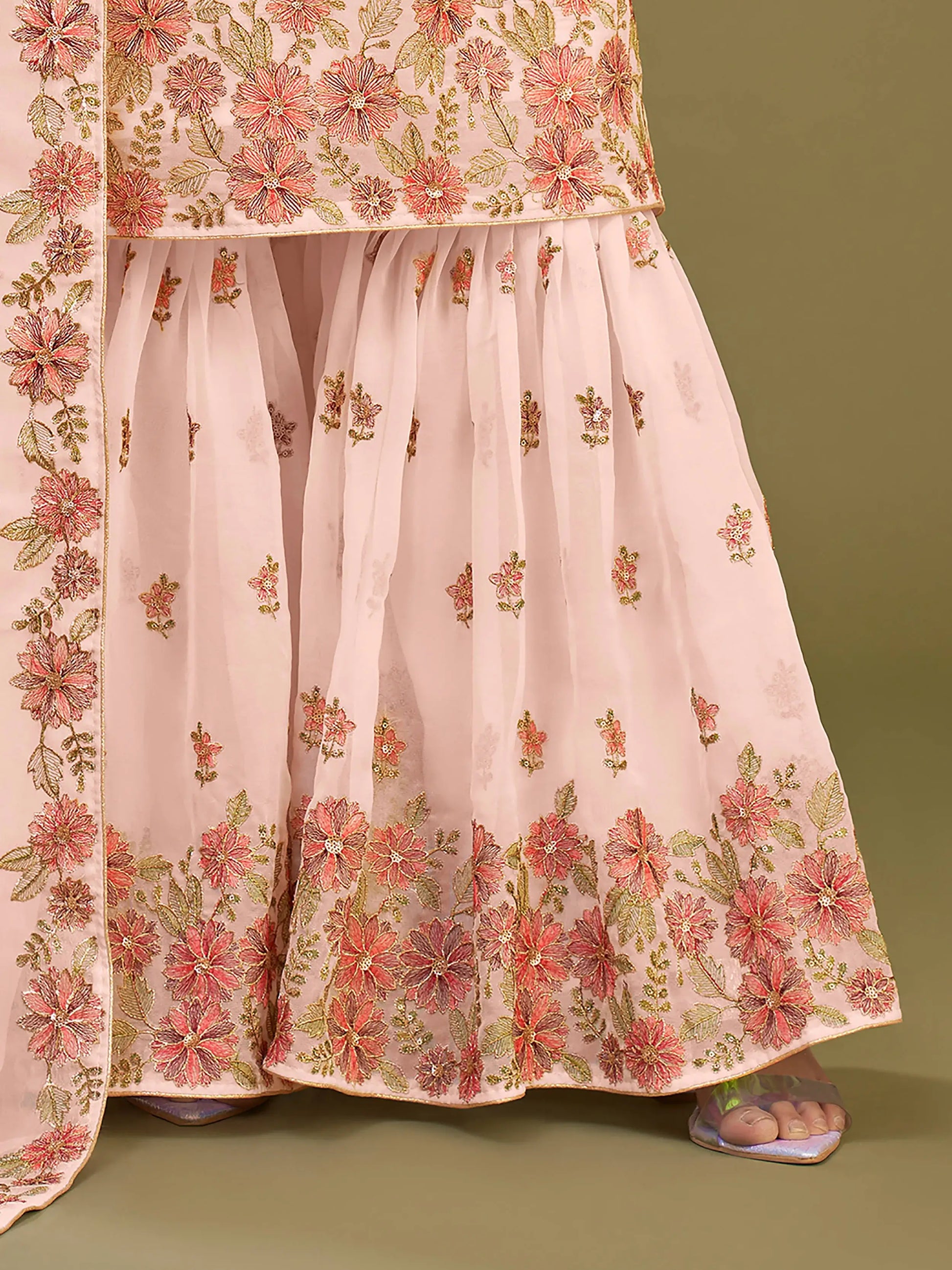 Spectacular Peach Embroidered Georgette Festive Wear Sharara Suits - Zeel Clothing