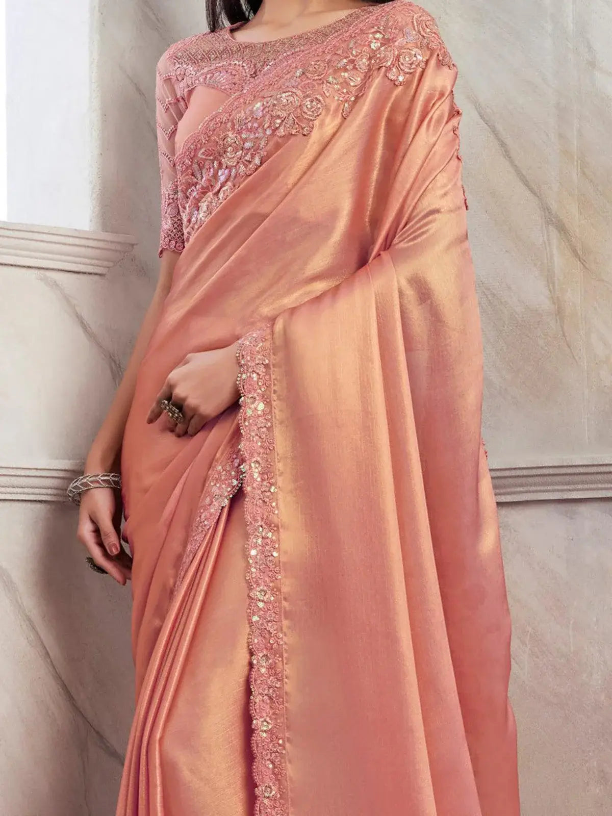 Spectacular Peach Embroidered Shimmer Silk Engagement Wear Saree - Zeel Clothing