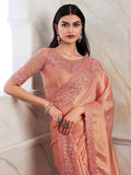 Spectacular Peach Embroidered Shimmer Silk Engagement Wear Saree - Zeel Clothing