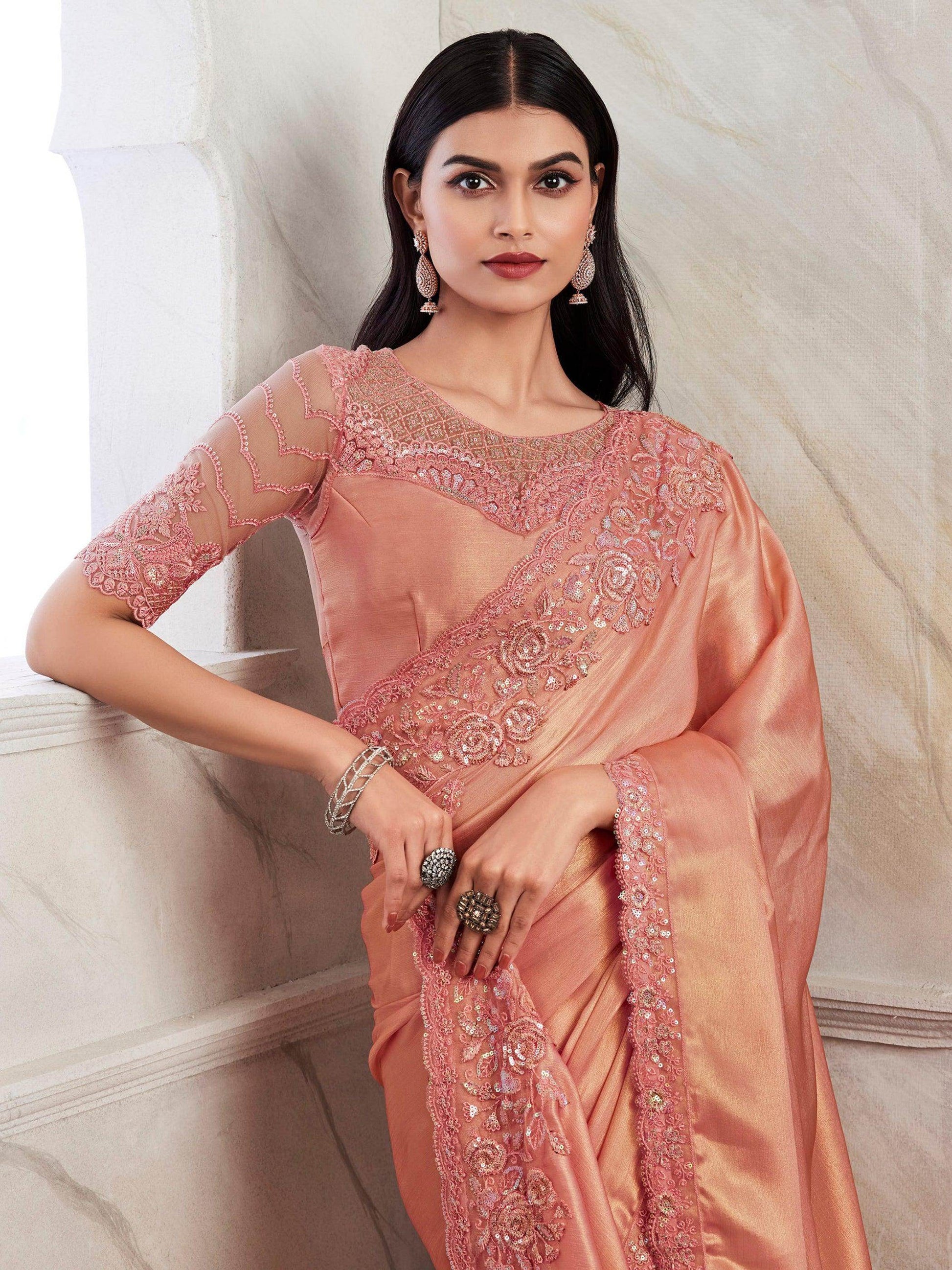 Spectacular Peach Embroidered Shimmer Silk Engagement Wear Saree - Zeel Clothing