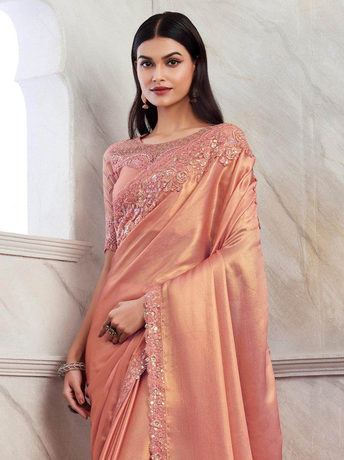 Spectacular Peach Embroidered Shimmer Silk Engagement Wear Saree - Zeel Clothing