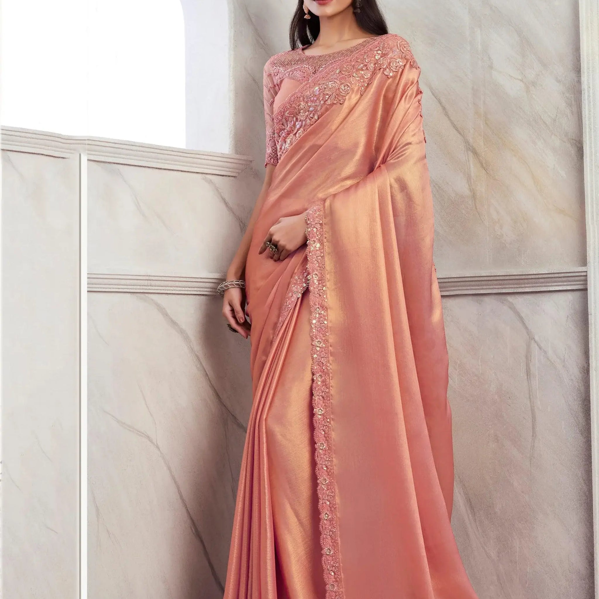 Spectacular Peach Embroidered Shimmer Silk Engagement Wear Saree - Zeel Clothing