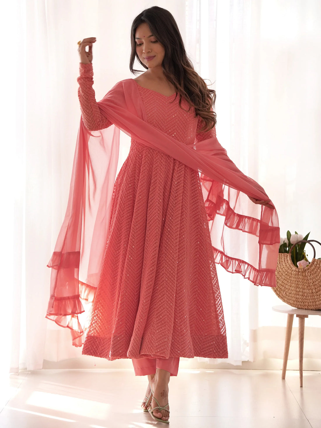 Spectacular Peach Lucknawi Work Georgette Traditional Anarkali Suit - Zeel Clothing