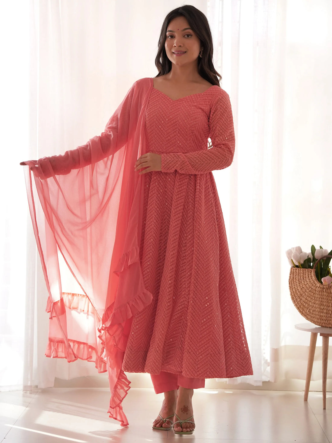 Spectacular Peach Lucknawi Work Georgette Traditional Anarkali Suit - Zeel Clothing