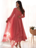 Spectacular Peach Lucknawi Work Georgette Traditional Anarkali Suit - Zeel Clothing