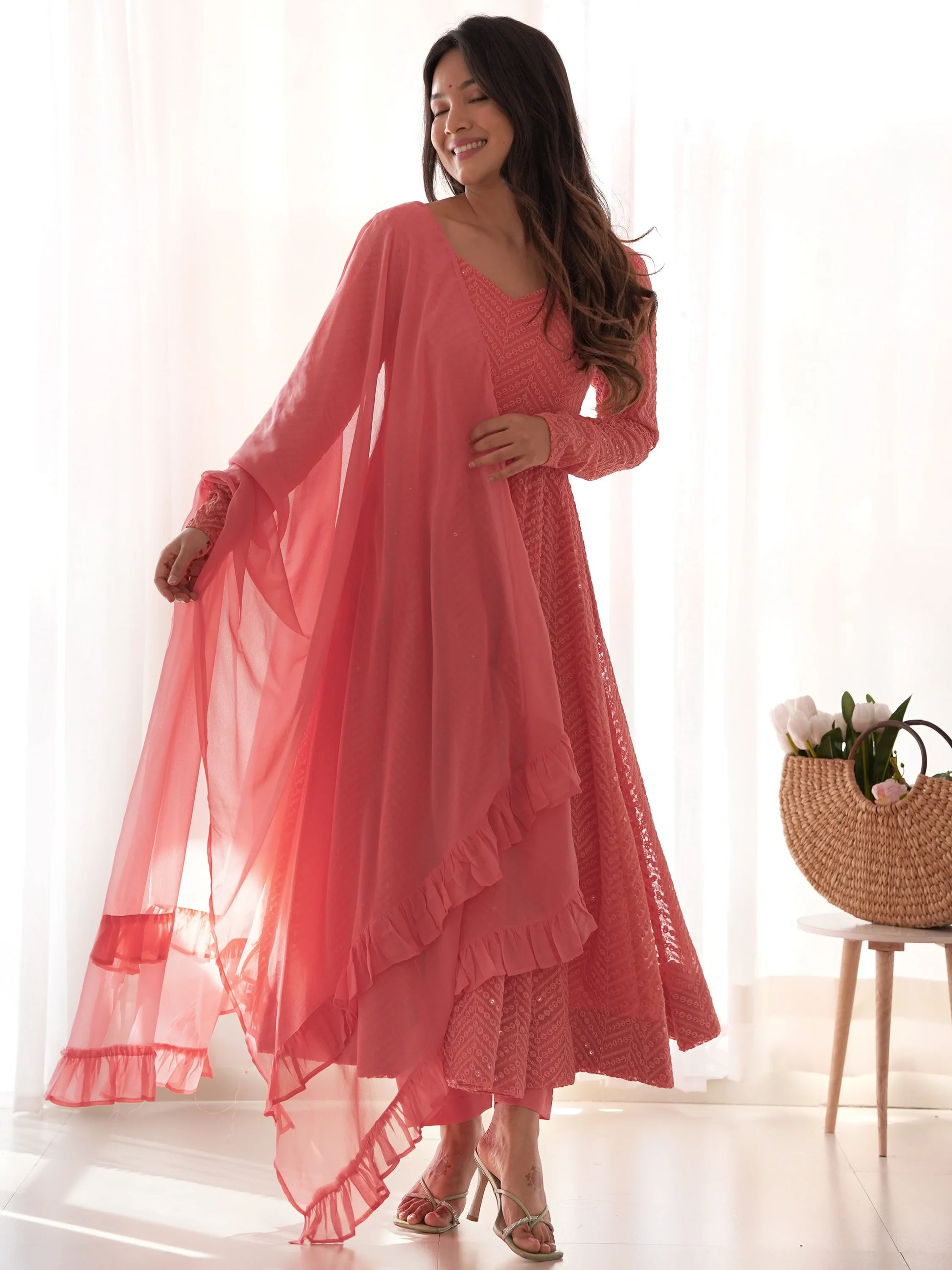 Spectacular Peach Lucknawi Work Georgette Traditional Anarkali Suit - Zeel Clothing