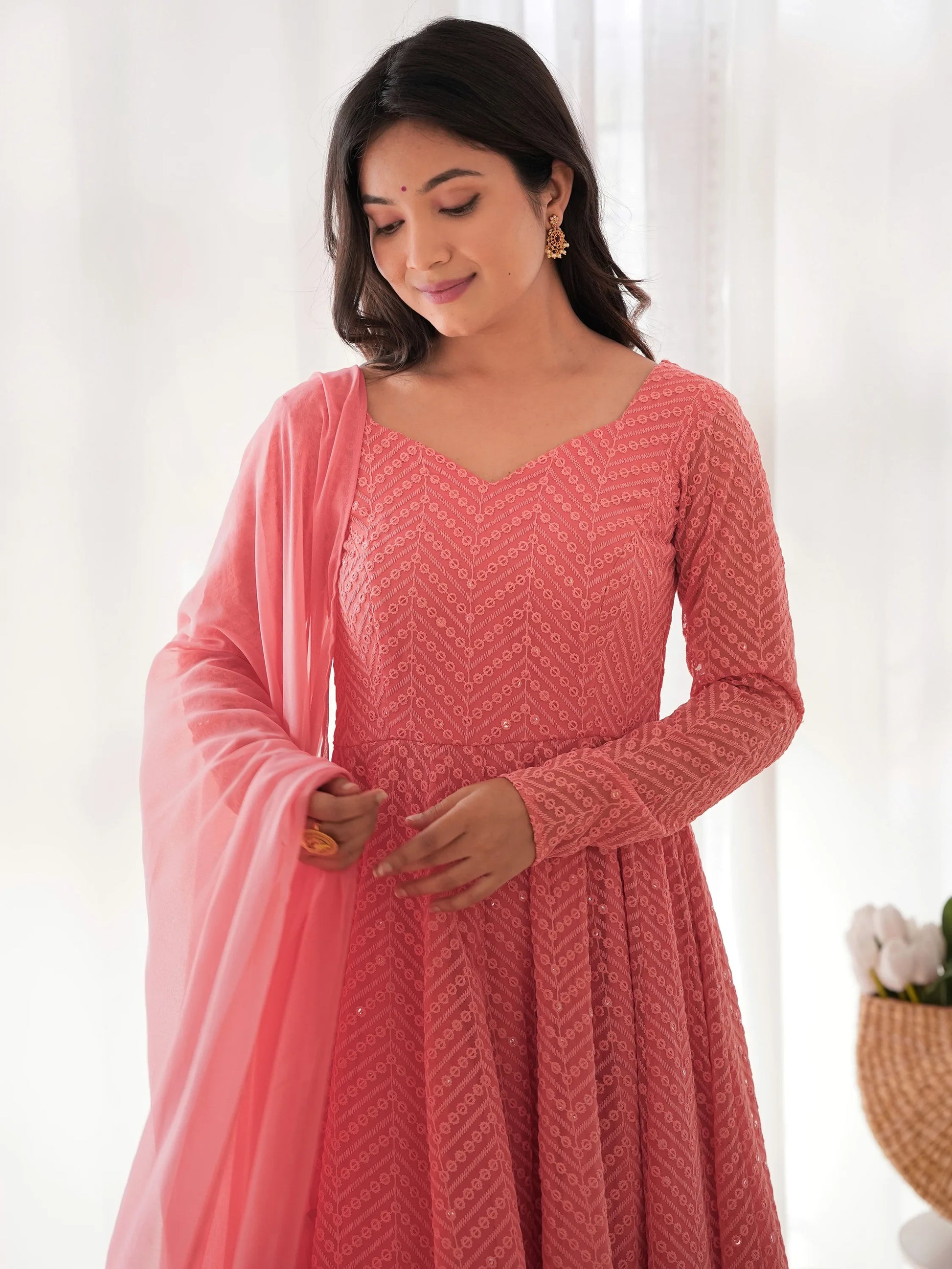 Spectacular Peach Lucknawi Work Georgette Traditional Anarkali Suit - Zeel Clothing
