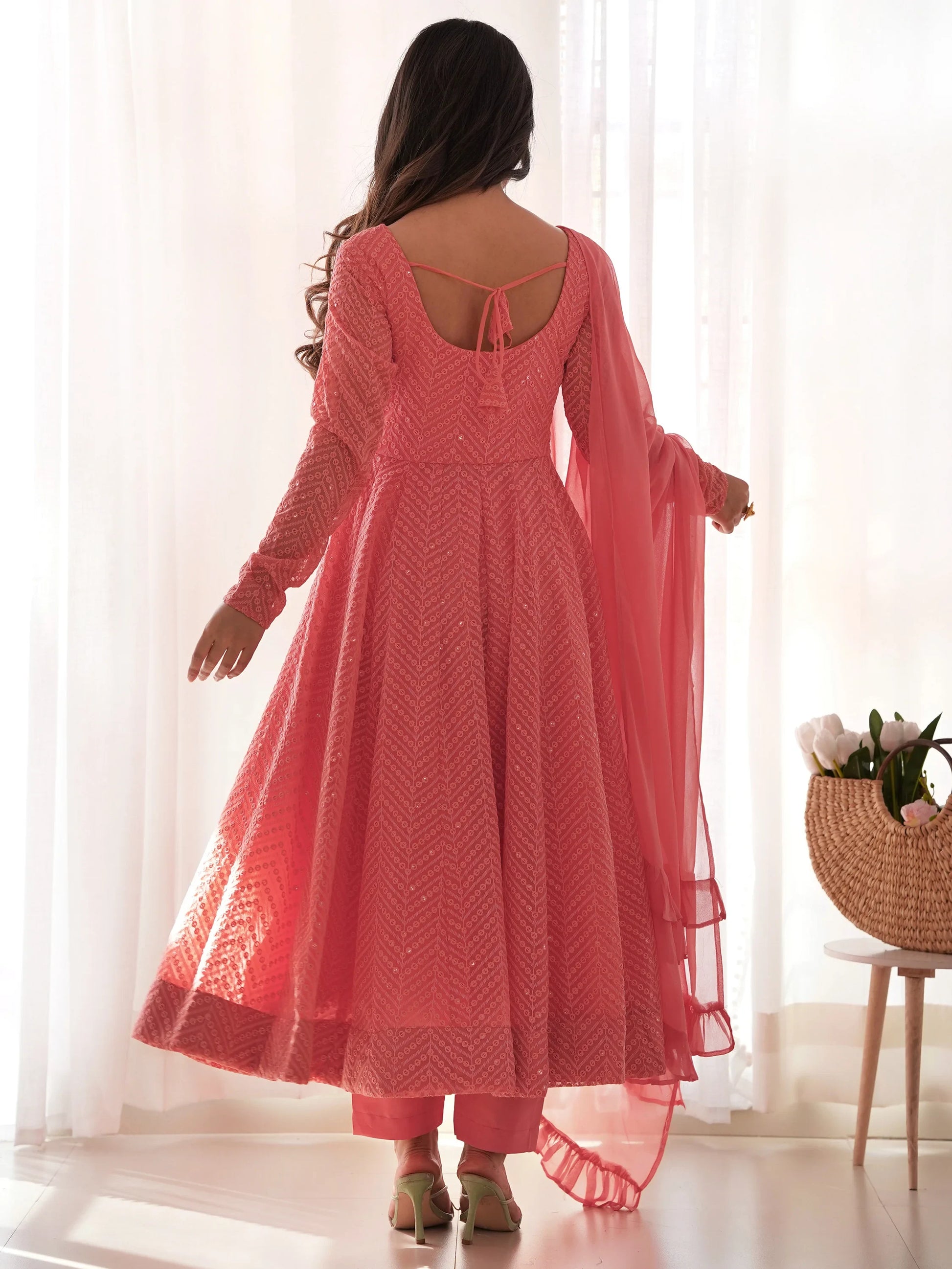 Spectacular Peach Lucknawi Work Georgette Traditional Anarkali Suit - Zeel Clothing