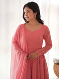Spectacular Peach Lucknawi Work Georgette Traditional Anarkali Suit - Zeel Clothing