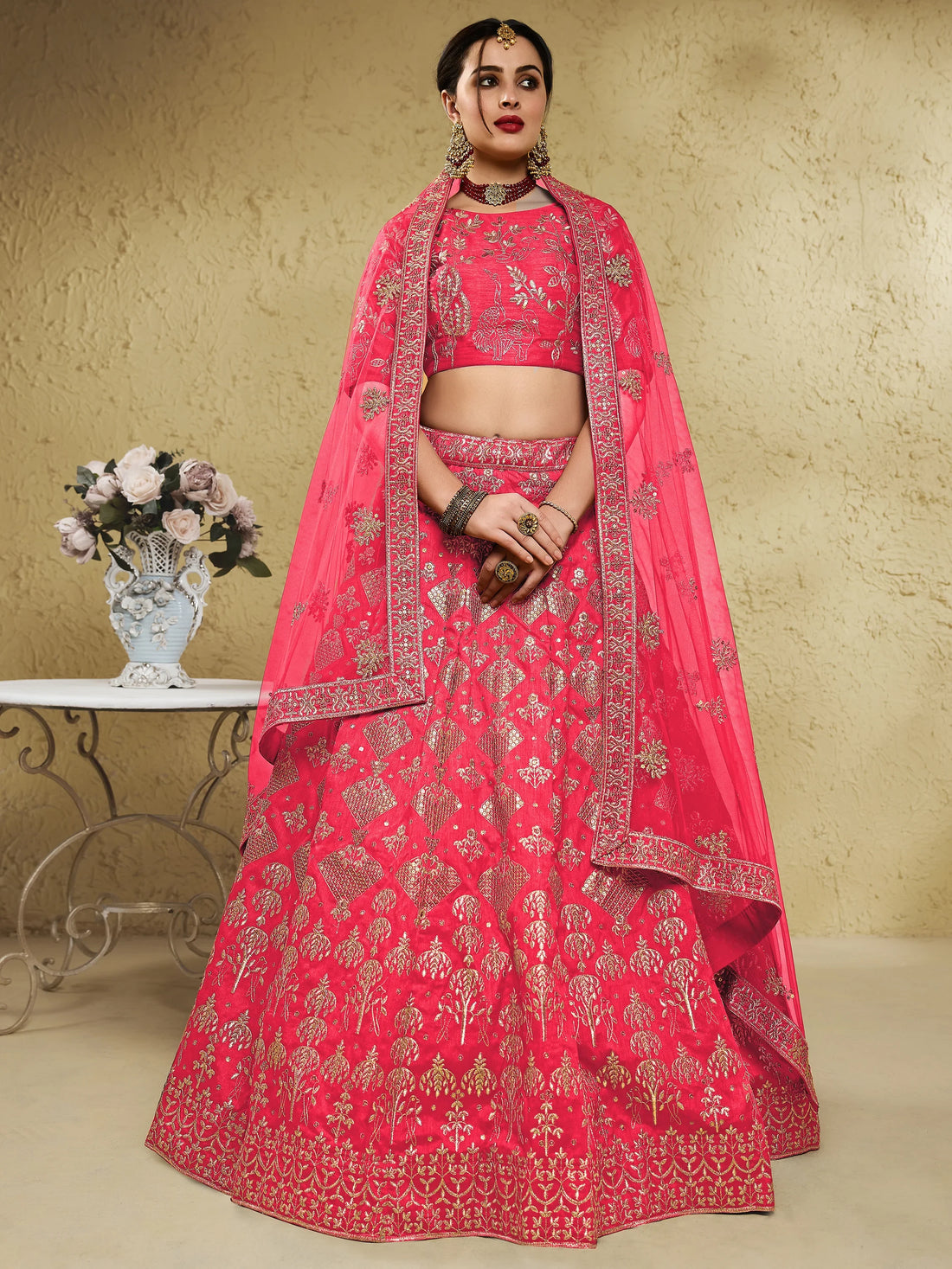 Spectacular Peach Sequins Work Slub Silk Traditional Wear Lehenga Choli - Zeel Clothing