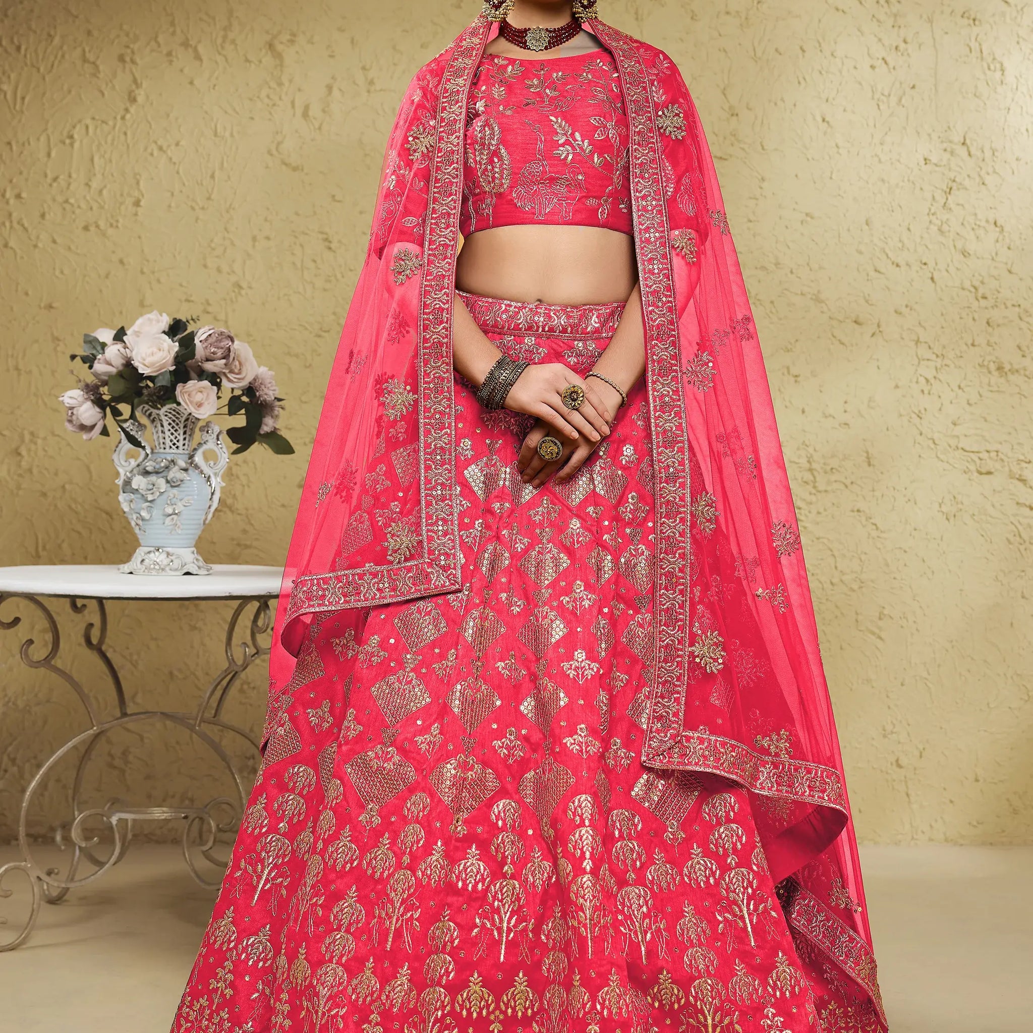 Spectacular Peach Sequins Work Slub Silk Traditional Wear Lehenga Choli - Zeel Clothing