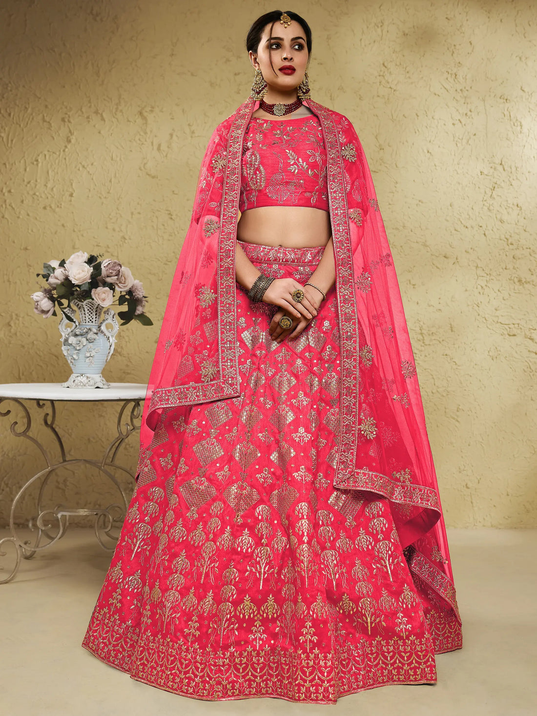 Spectacular Peach Sequins Work Slub Silk Traditional Wear Lehenga Choli - Zeel Clothing