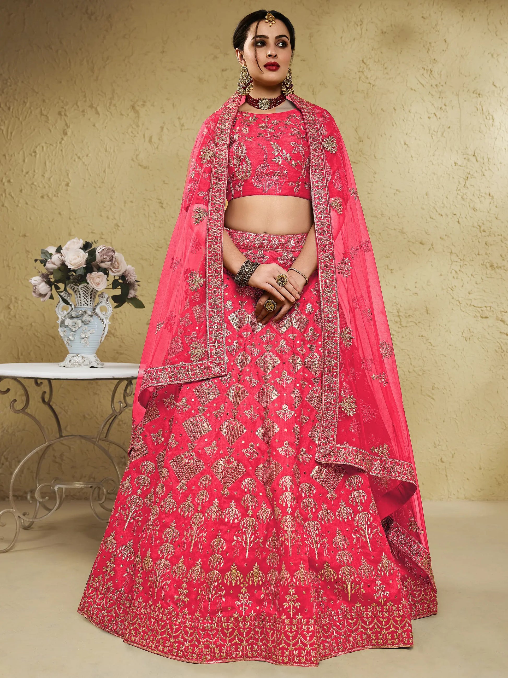 Spectacular Peach Sequins Work Slub Silk Traditional Wear Lehenga Choli - Zeel Clothing