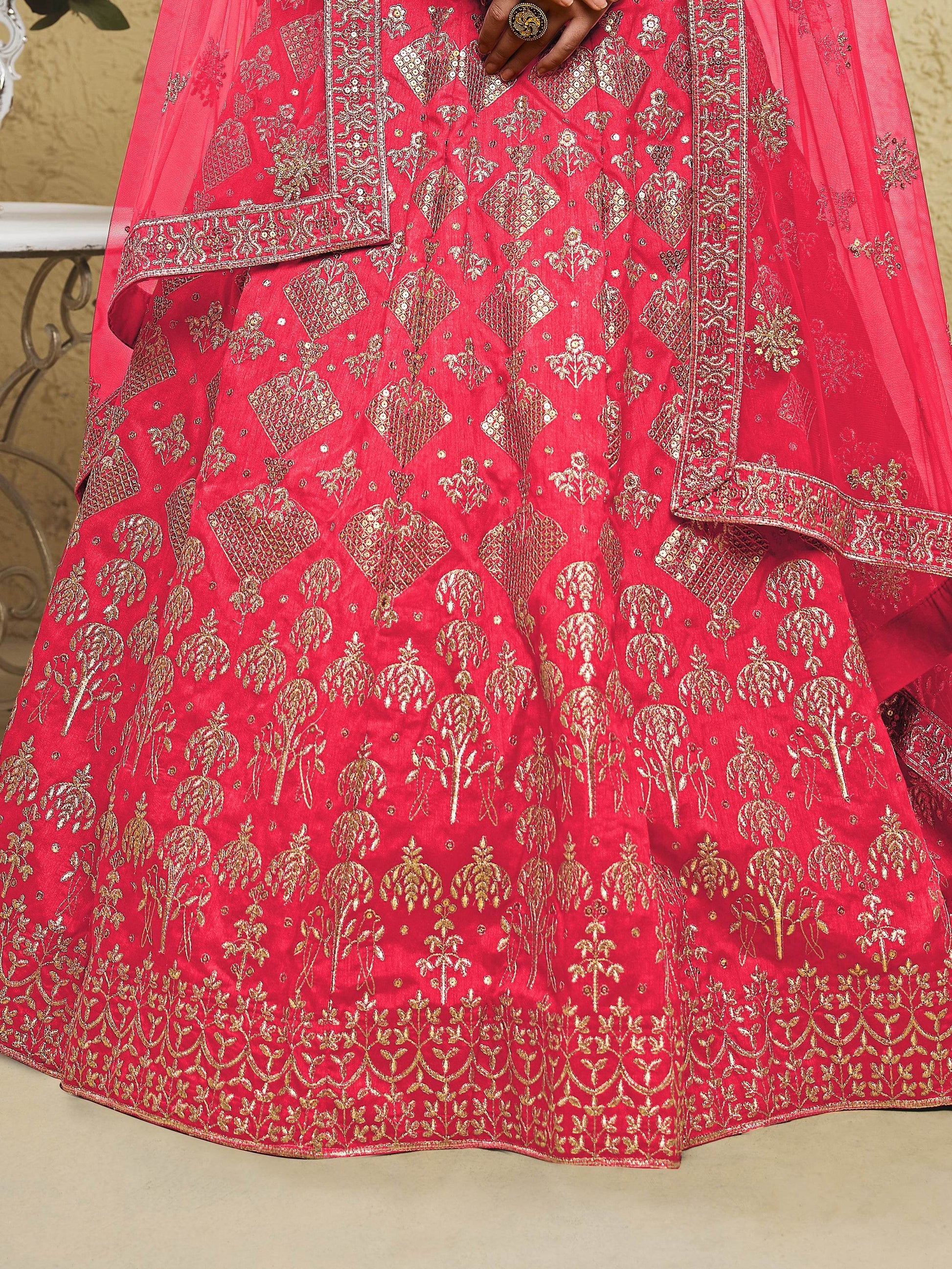 Spectacular Peach Sequins Work Slub Silk Traditional Wear Lehenga Choli - Zeel Clothing