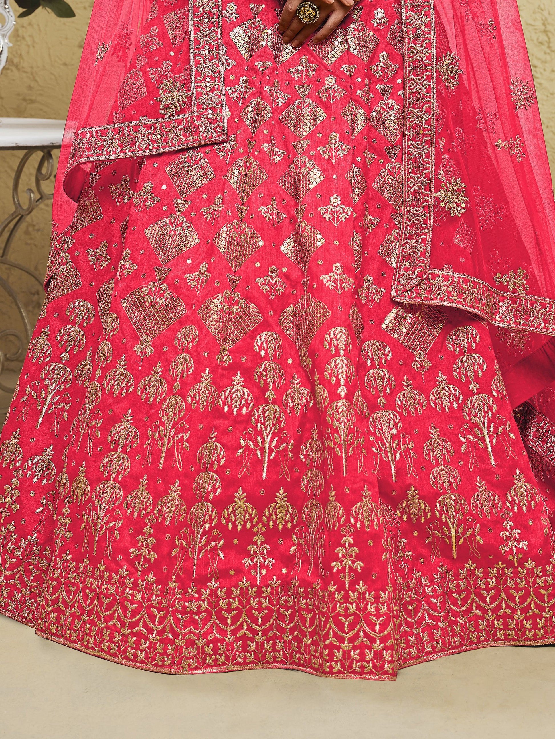 Spectacular Peach Sequins Work Slub Silk Traditional Wear Lehenga Choli - Zeel Clothing