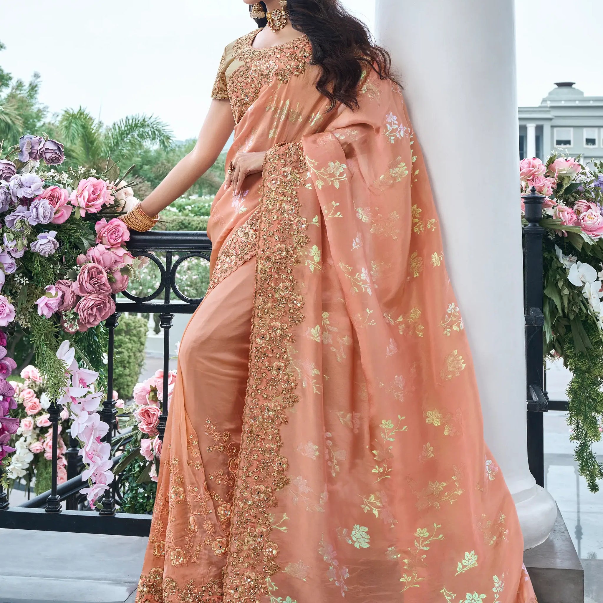 Spectacular Peach Zari Weaving Organza Festival Wear Saree With Blouse - Zeel Clothing