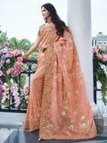 Spectacular Peach Zari Weaving Organza Festival Wear Saree With Blouse - Zeel Clothing