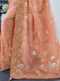 Spectacular Peach Zari Weaving Organza Festival Wear Saree With Blouse - Zeel Clothing