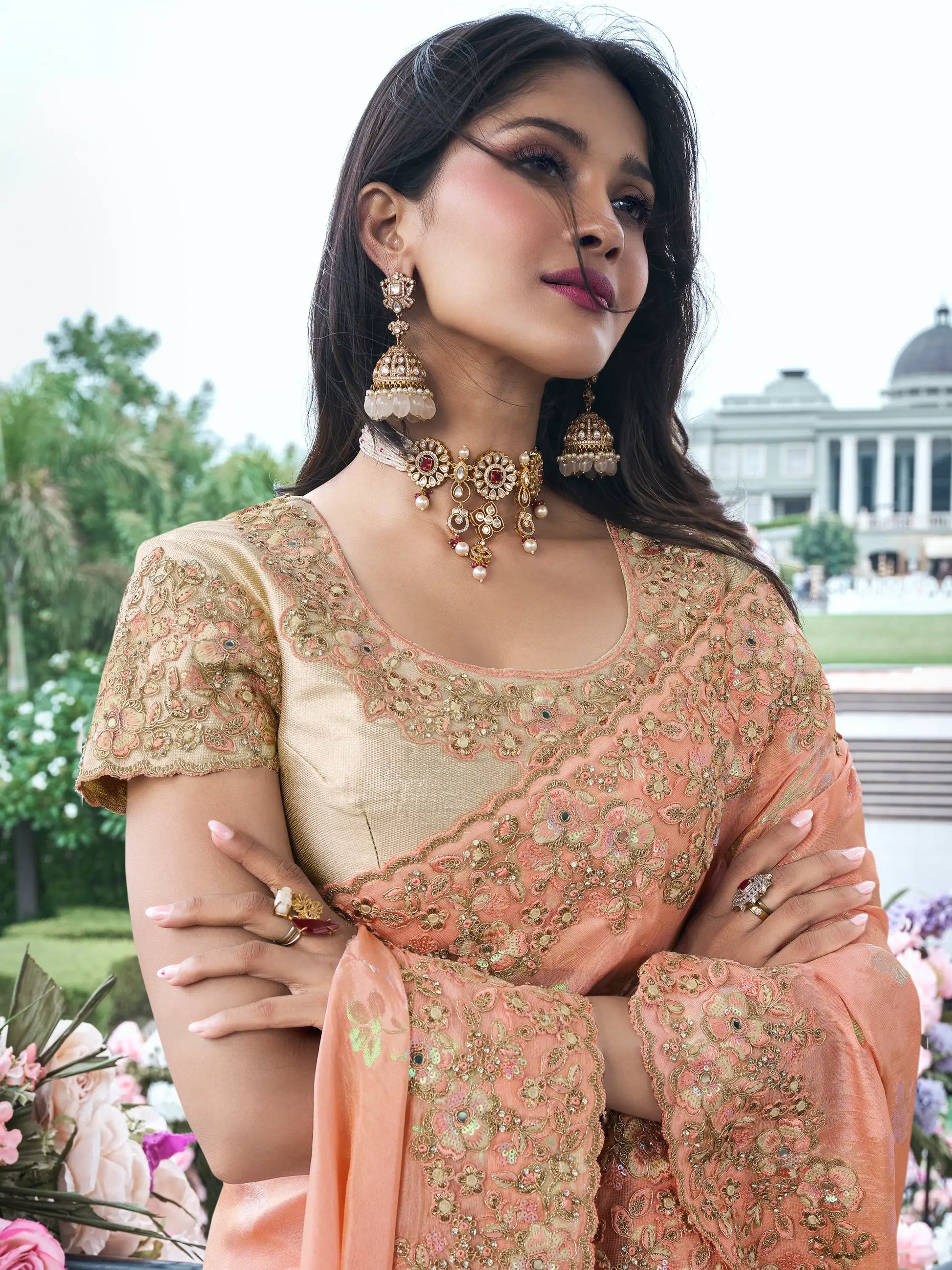 Spectacular Peach Zari Weaving Organza Festival Wear Saree With Blouse - Zeel Clothing
