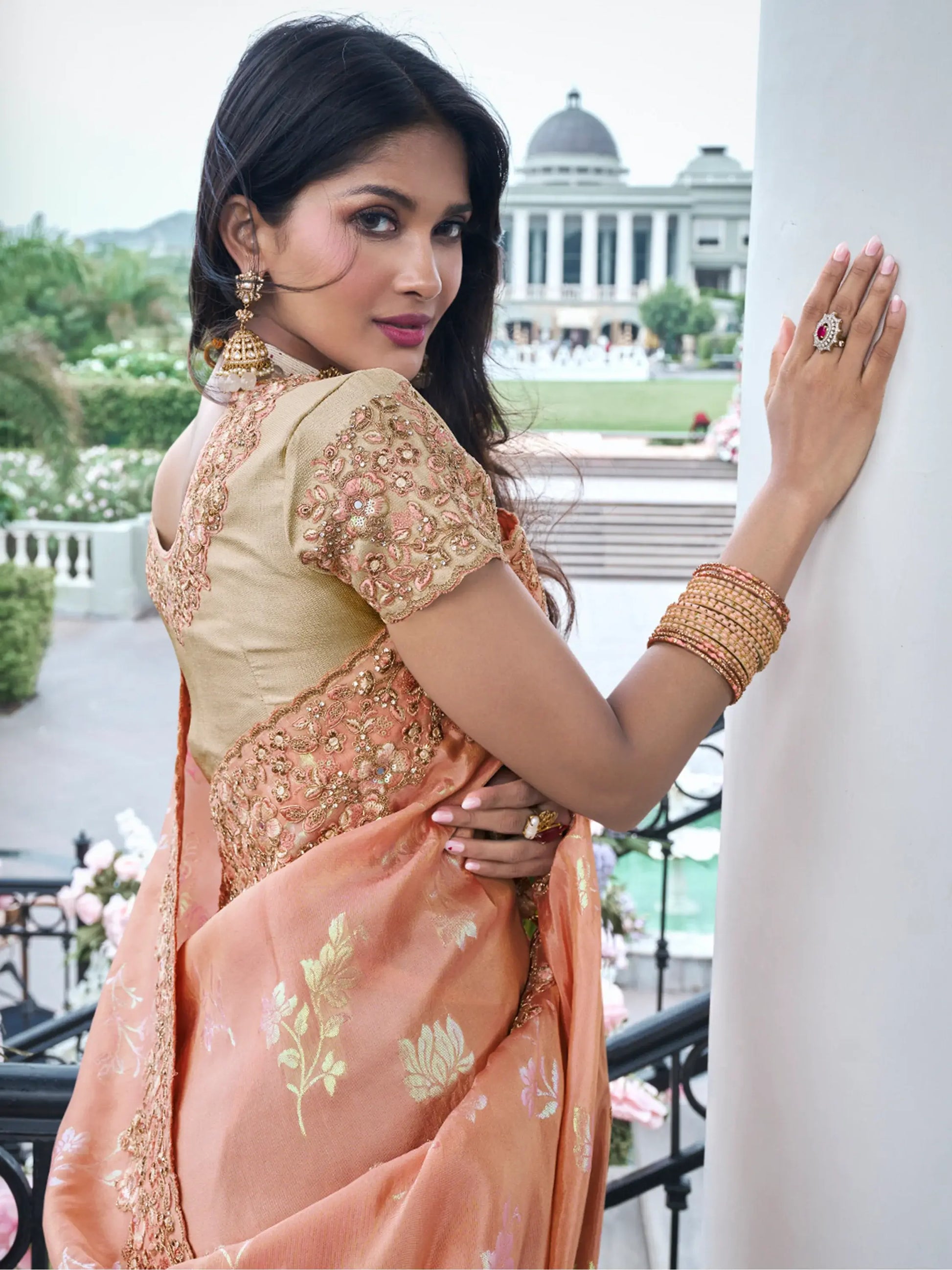 Spectacular Peach Zari Weaving Organza Festival Wear Saree With Blouse - Zeel Clothing