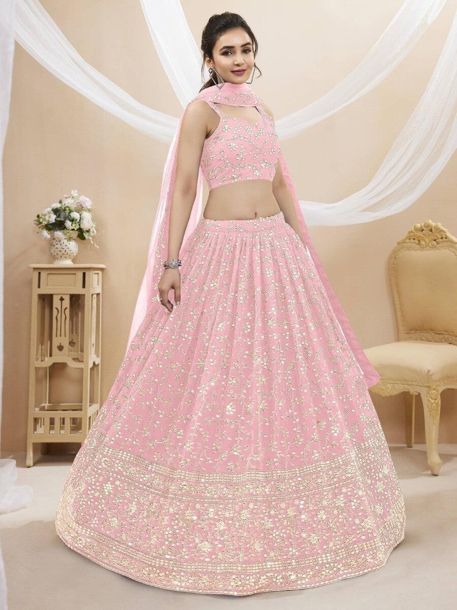 Spectacular Pink Sequins Georgette Wedding Wear Lehenga Choli