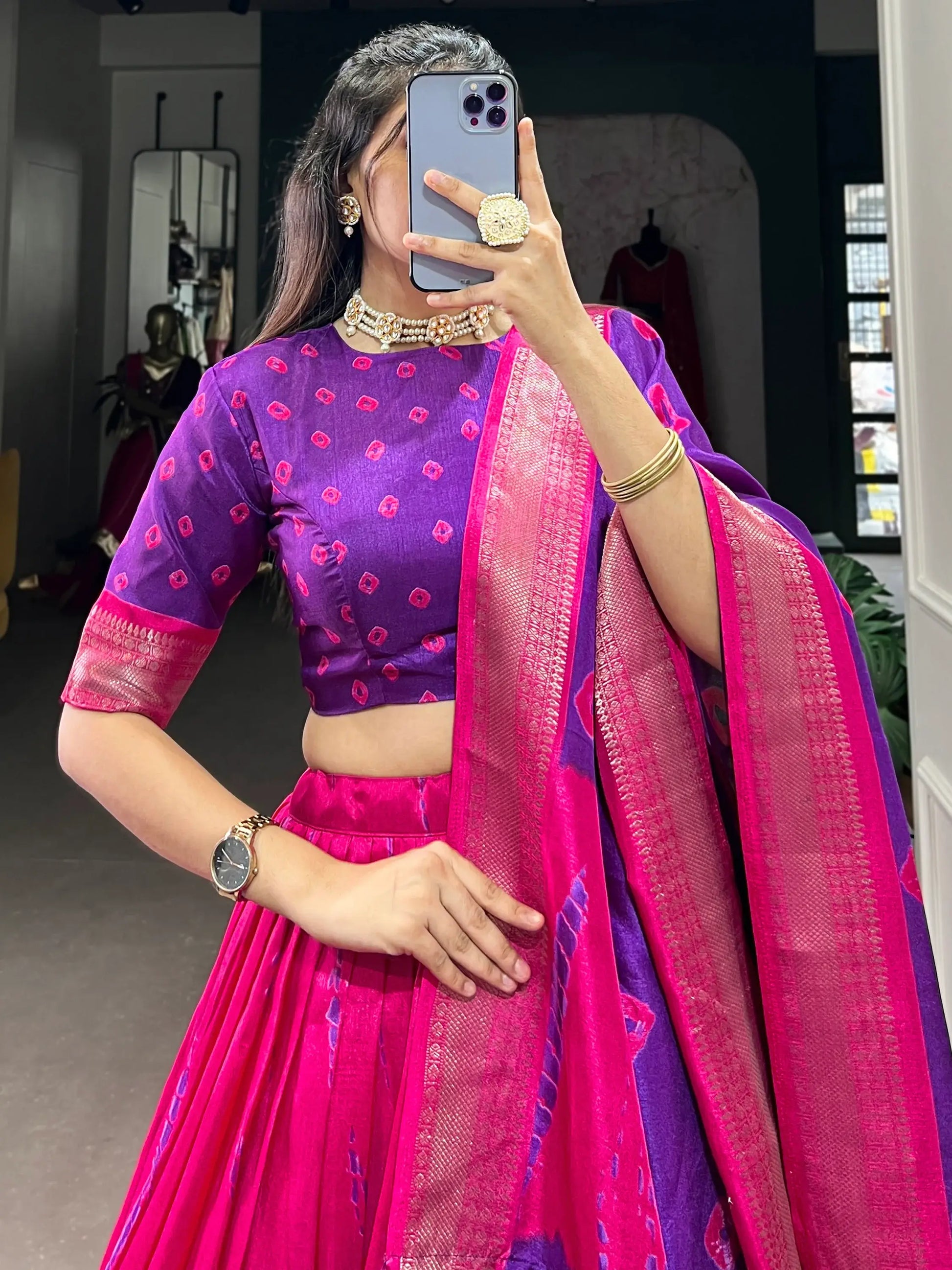 Spectacular Pink Shibori Printed Dola Silk Lehenga Choli With Dupatta - Zeel Clothing