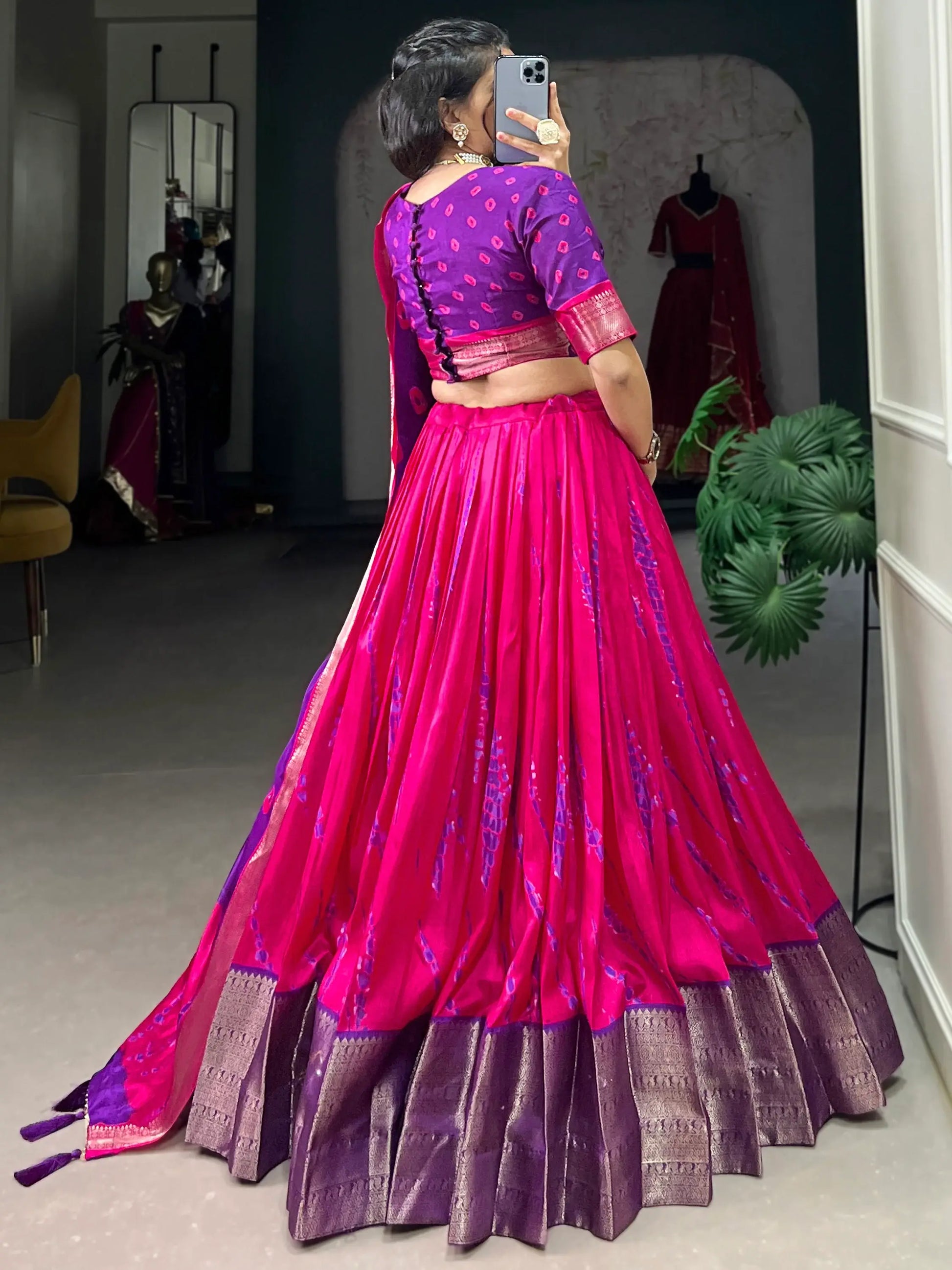 Spectacular Pink Shibori Printed Dola Silk Lehenga Choli With Dupatta - Zeel Clothing